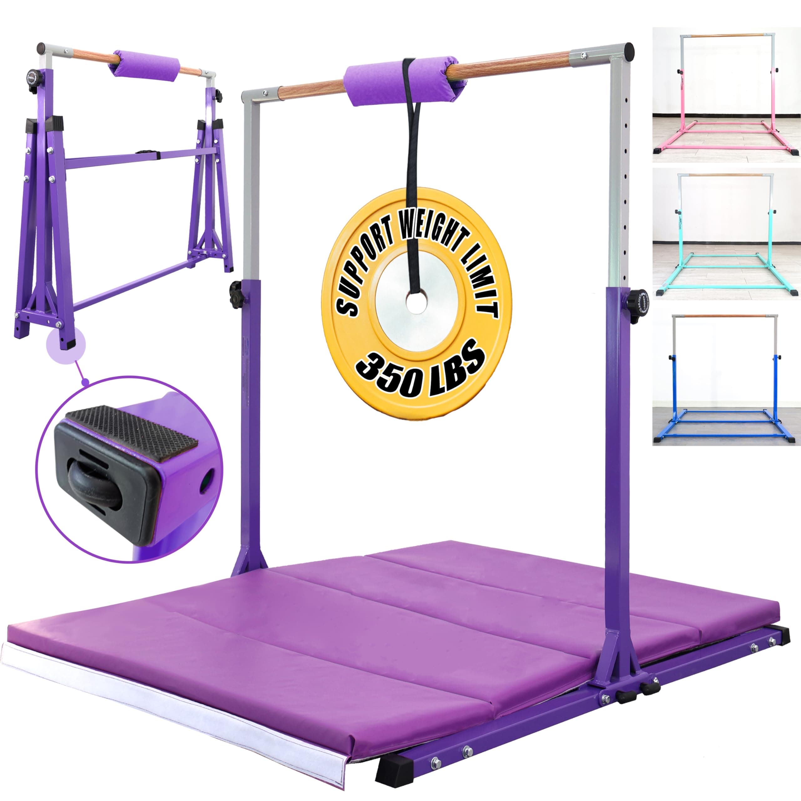 Foldable Gymnastic Bar,5FT/6FT Horiztonal Bars,Height Adjustable 35" to 59" Kip Training Bar for Kids Ages 5-20,Gymnastic Kids Training Equipment for Home and Club, 350lbs Capacity