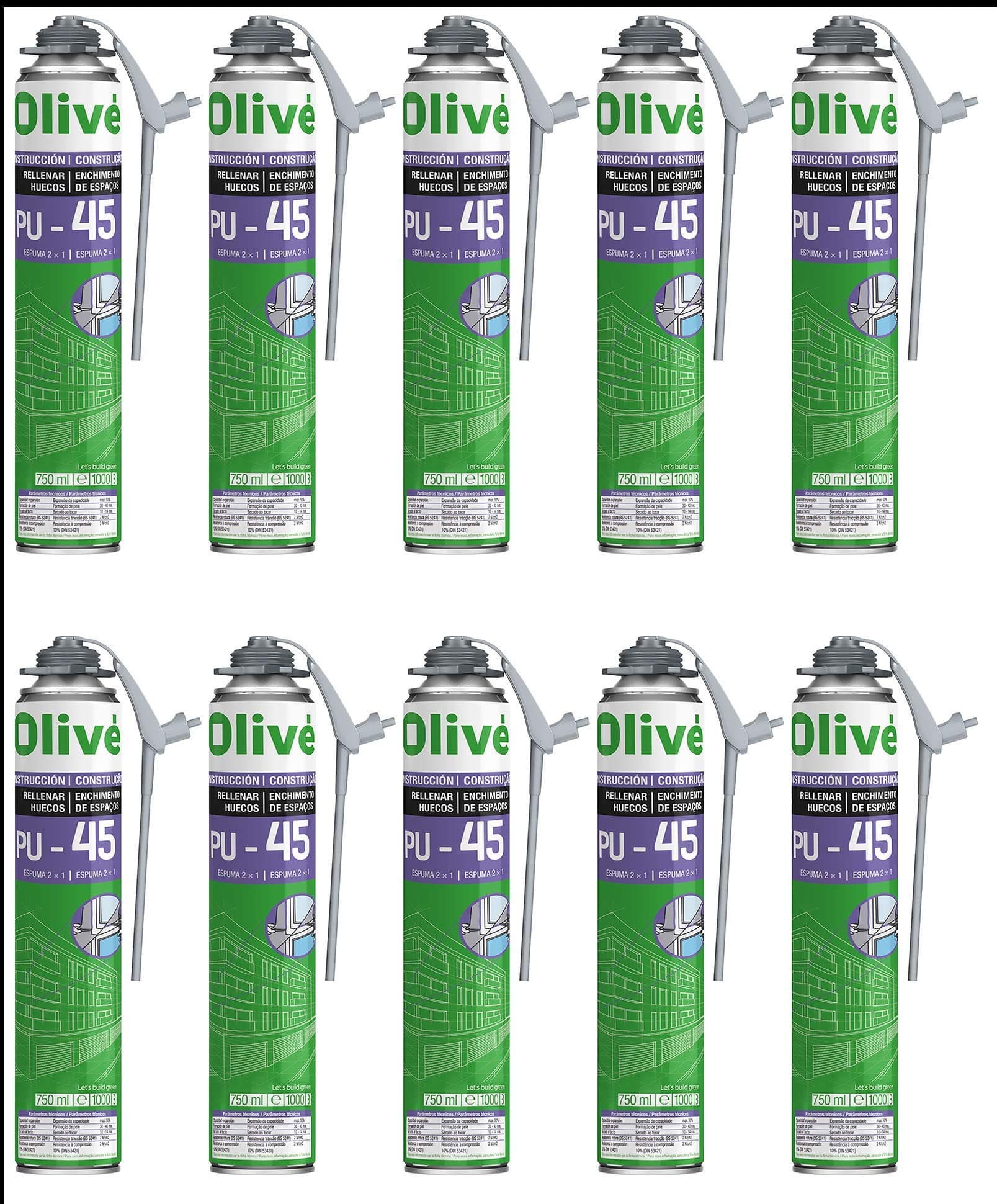 Pack of 10 x 750 ml Expanding Polyurethane Foam Canisters for Spray Guns