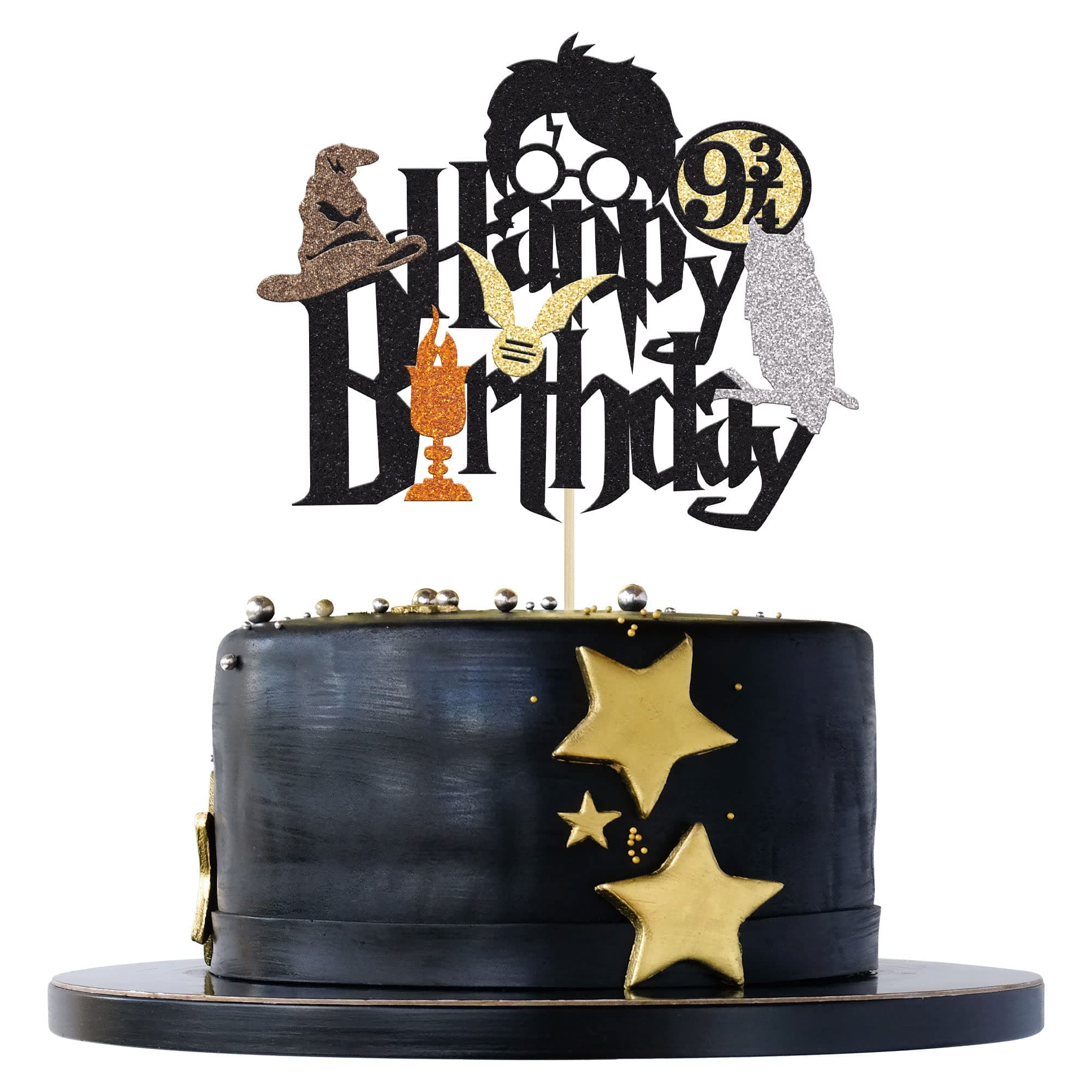1Pcs Wizard Happy Birthday Cake Topper Magical School Wizard Cake Decoration Glitter Black Wizard Themed Cake Picks for Kids Babyshower Birthday Party Decorations Supplies