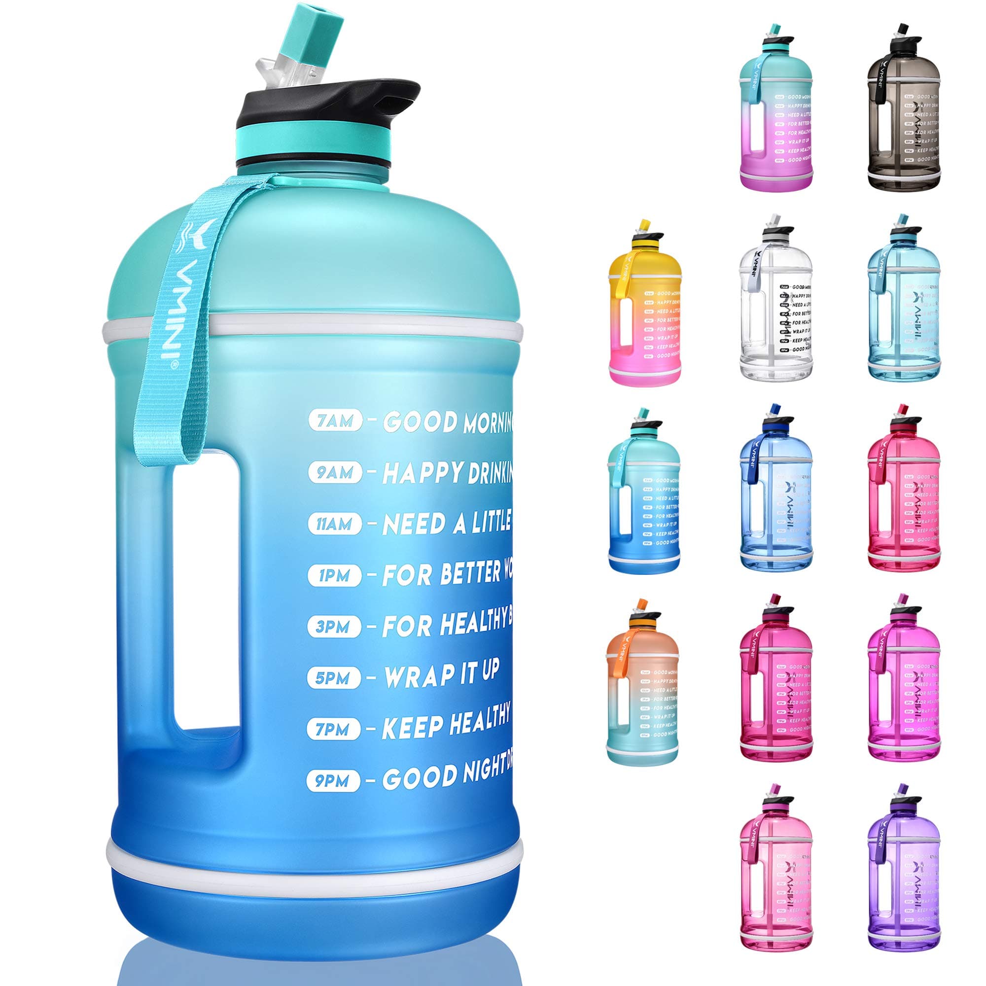 Vmini Water Bottle with Time Marker, Motivational Water Bottle & 1 Gallon Water Bottle with Time Marker to Drink More Daily - Leakproof Reusable Gym Sports Outdoor Large Capacity (128 oz, Mint+Blue)