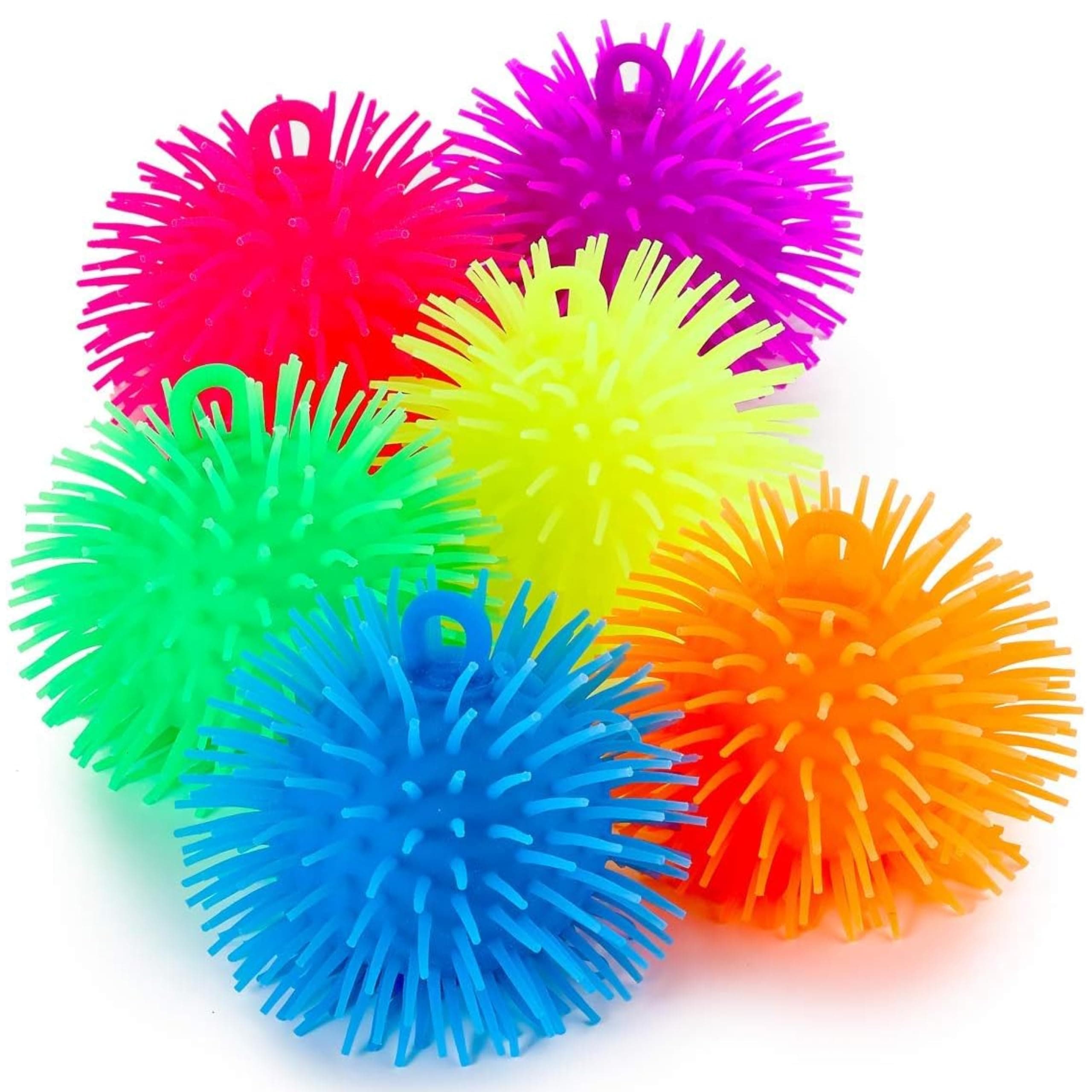 Kicko 5.5" Puffer Balls for Kids - 12 Pack with Assorted Colors - Blue, Green, Orange, Yellow, Pink and Purple, with Loop - Sensory Stress Relief and Therapy Toy - Party Favors, Goody Bag Filler