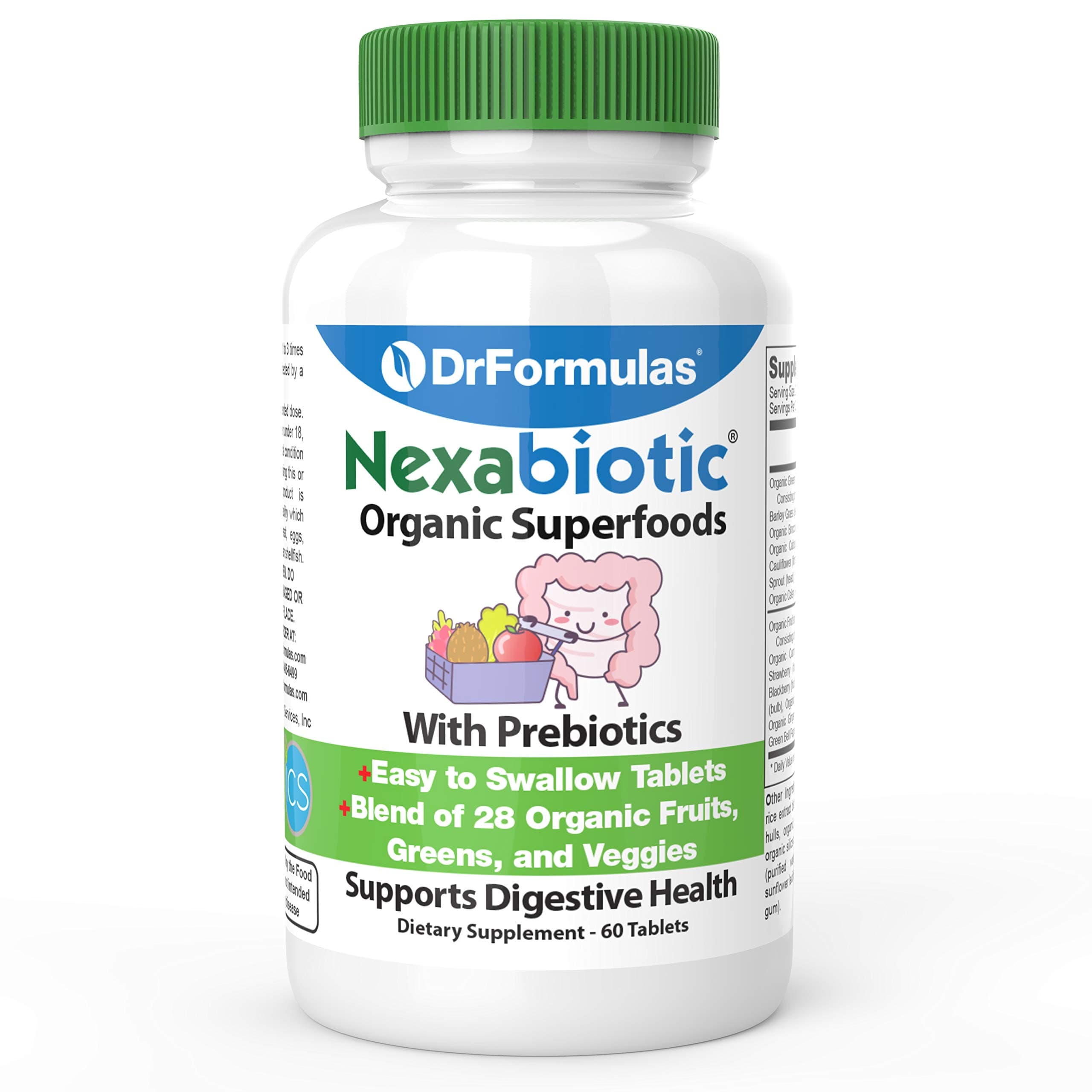 DrFormulas Organic Prebiotic Fiber for Constipation Relief | Nexabiotic Superfood Tabs for Probiotic Digestive Health, 60 Tablets