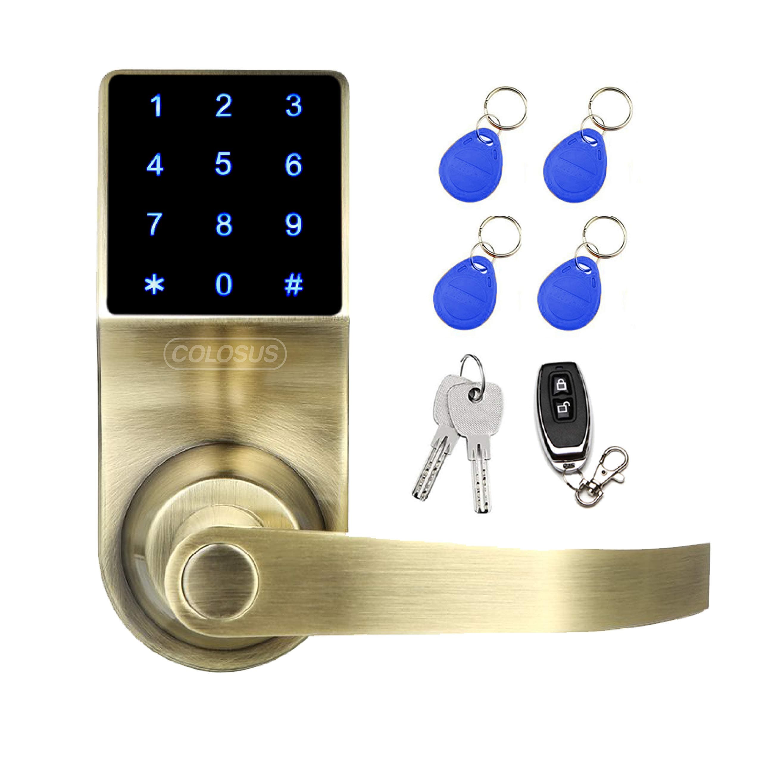 COLOSUS NDL319 Electronic Trusted Digital Keyless Door Lock for Home & Office Security, Touchscreen – 50 User Codes + 4 Key Fobs + 1 Remote + 2 Keys (Gold) …
