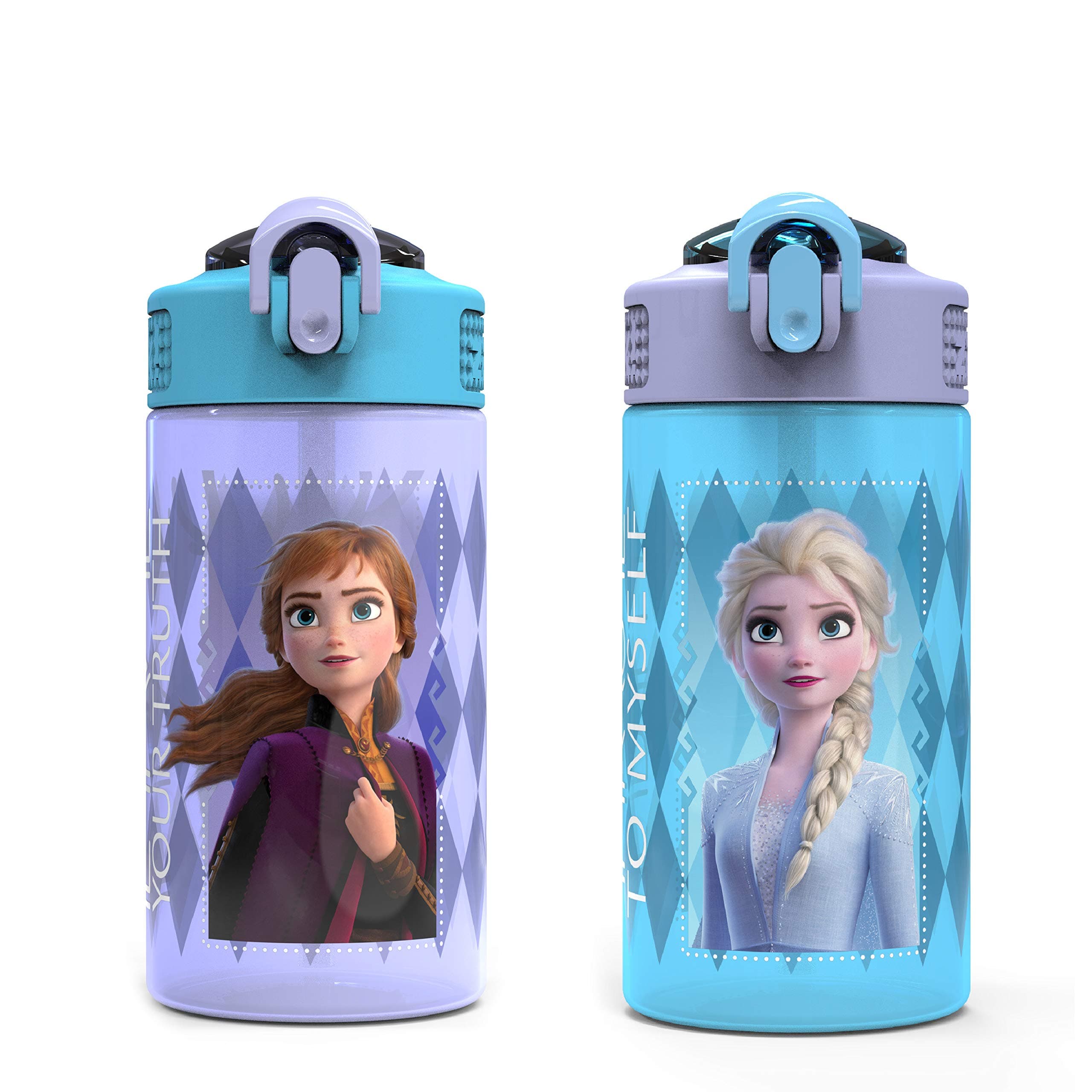Disney Frozen 2 Kids Water Bottle with Spout Cover and Carrying Loop, Durable Plastic, Leak-Proof Water Bottle Design for Travel (16 oz, 2-Pack, Non-BPA, Elsa & Anna)