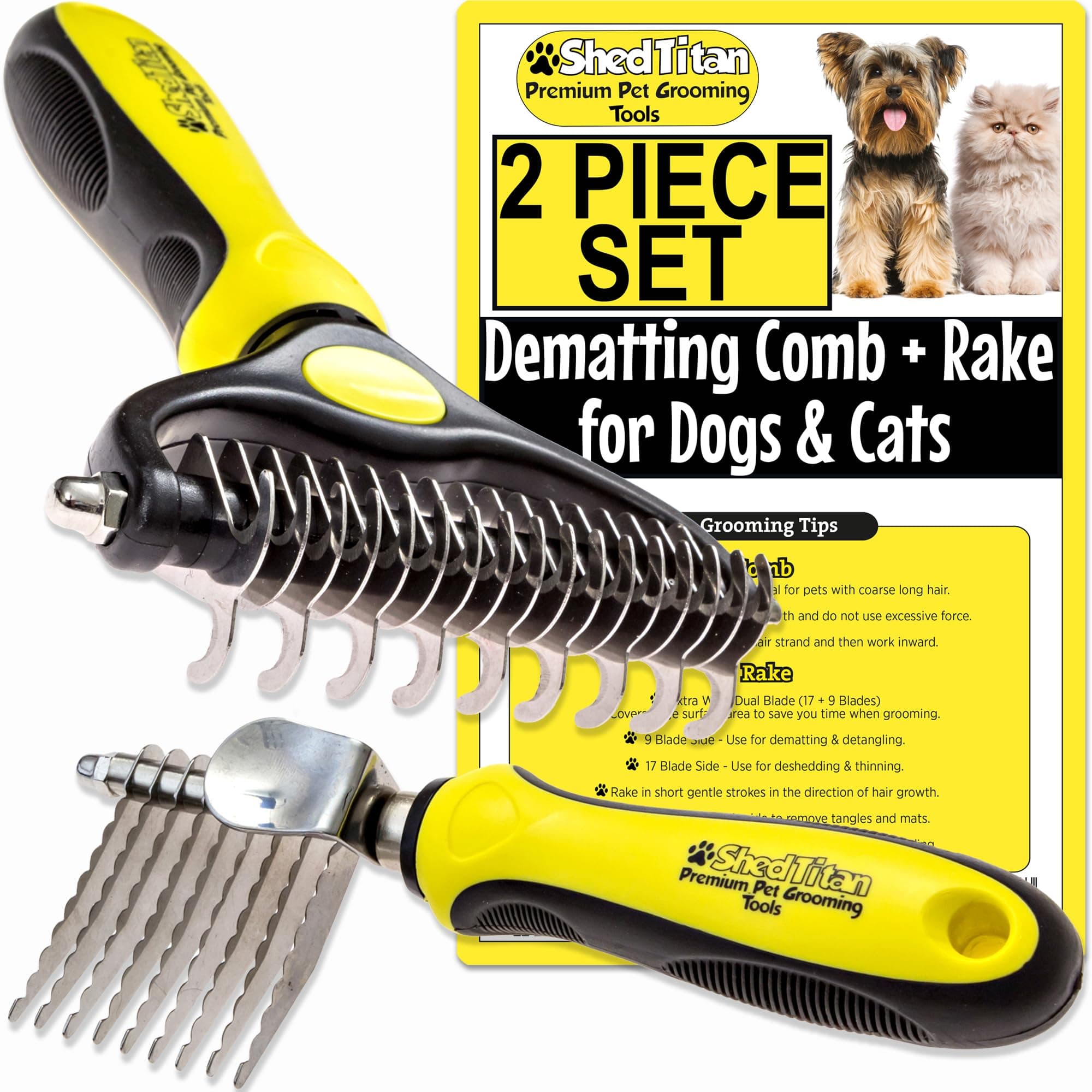 Dog Dematting Tools - 2 PC Set - Undercoat Rake & Dematting Comb for Dogs Doodles - Detangler Brush - Matted Hair Removal Mat Remover - Husky, Pyrenees, Persian Cats, Retriever