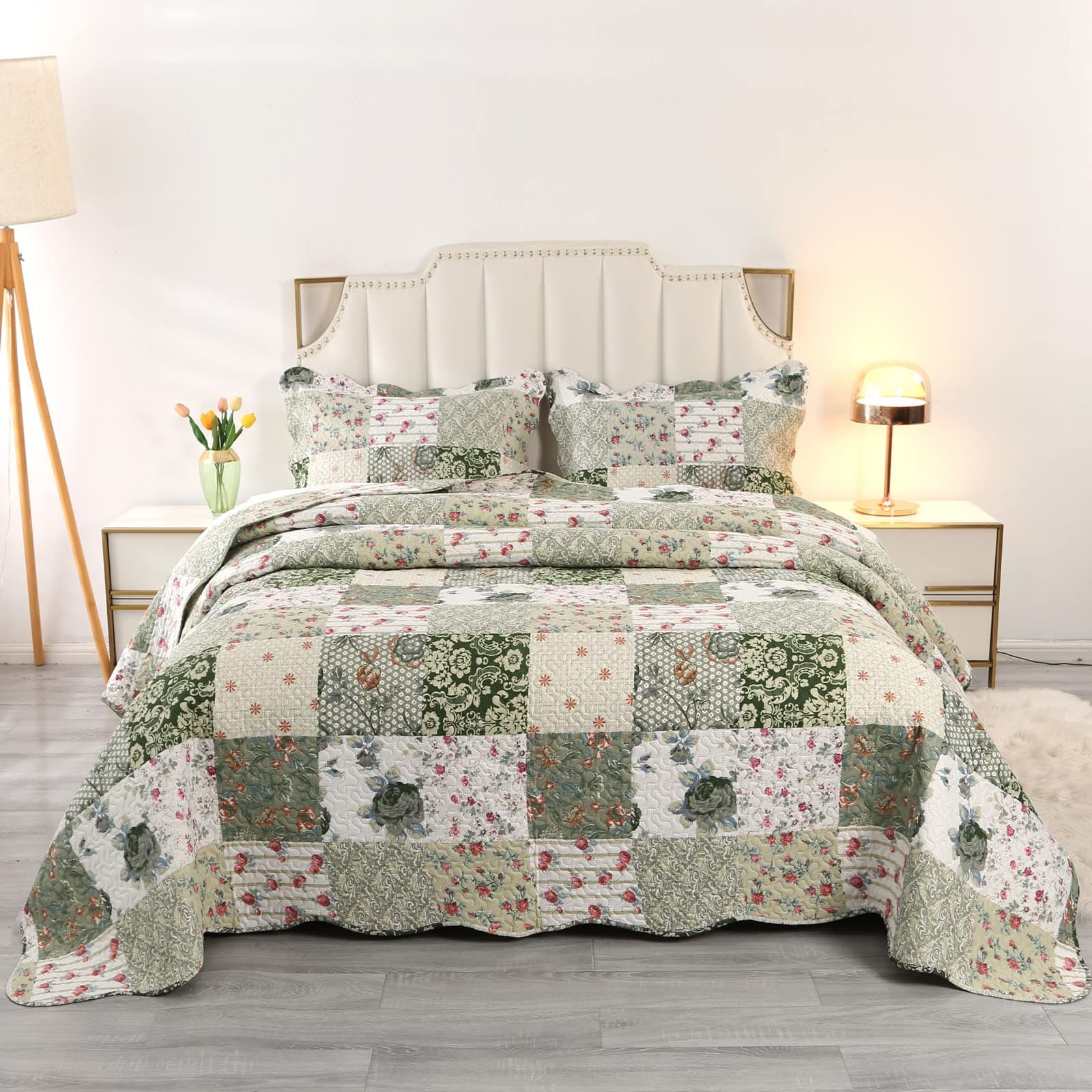 Green Floral Patchwork Bedspread King Size, Soft Lightweight Breathable Polyester Ultrasonic Quilting Bedspread Coverlet Set with 2 Pillow Shams, 230x260cm