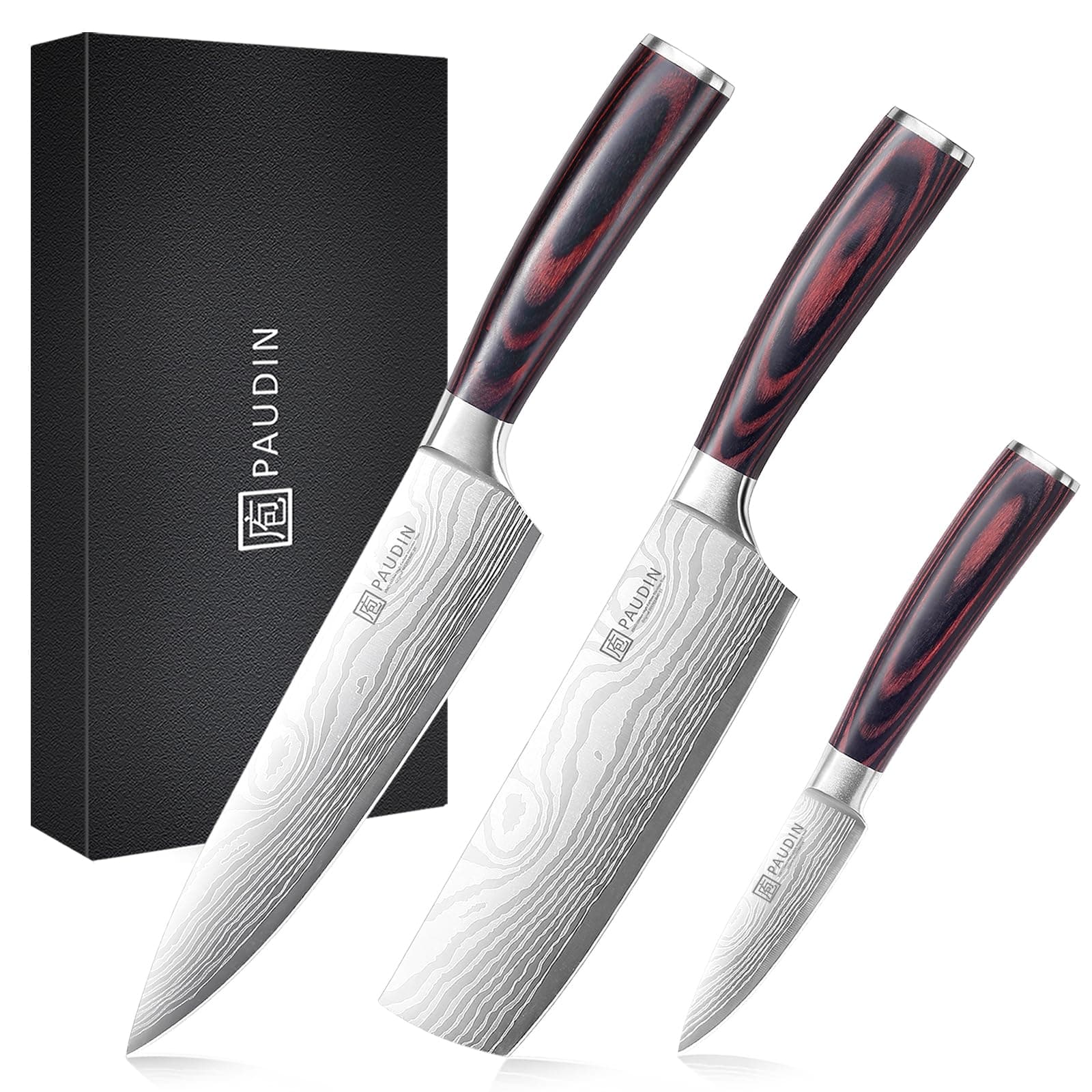 PAUDIN Professional Chef Knife Set, 3-Piece High Carbon Stainless Steel Kitchen Knives with Ultra Sharp Blade & Dark Brown Wooden Handle ，Ideal for Arabic Cuisine, Lamb & Beef Cutting
