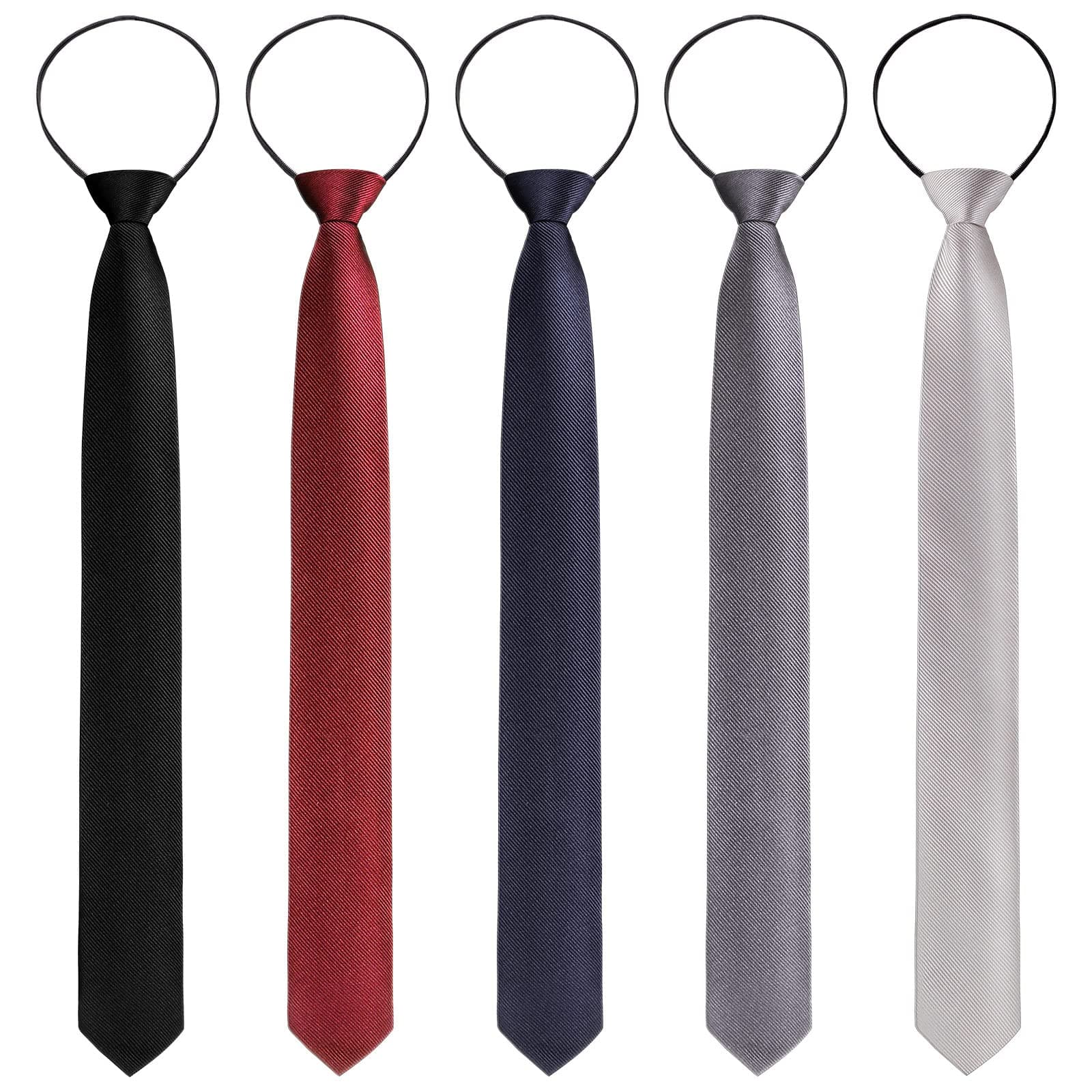 5 Pieces Mens Zipper Ties Pre Tied Adjustable Neckties Solid Color Skinny Necktie Thin Clip on Slim Tie for School Wedding Christmas Party Uniforms, Black, Navy, Gray, Silver Gray, Dark Red