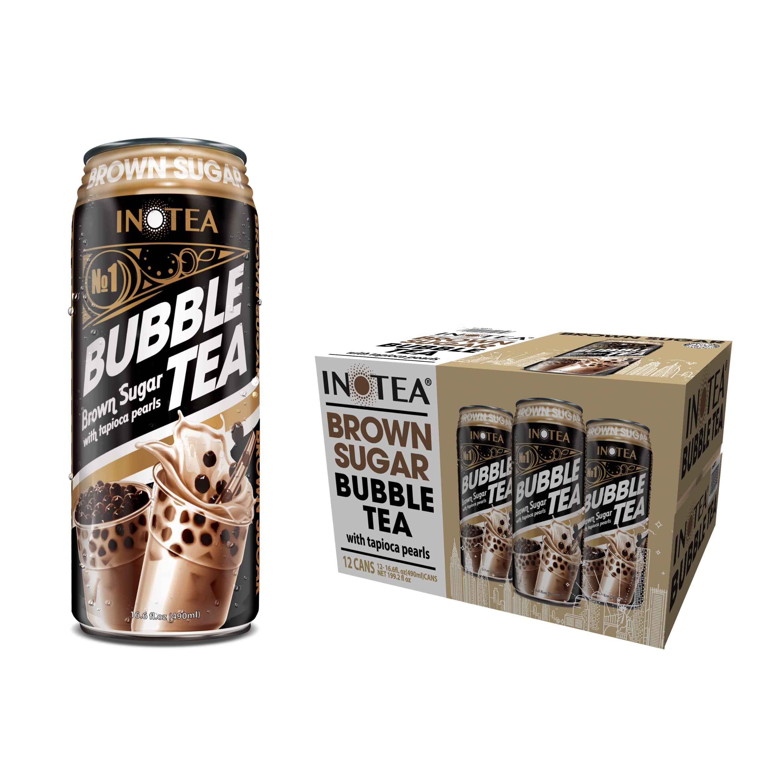 HYOJATEM (Pack of 12) INOTEA Bubble Tea | Choose One from 5 Flavors: Brown Sugar, Taro, Honeydew, Banana, Matcha Latte | Ready to Drink in a Can (16.6oz/can) | Black Milk Tea with Boba (Brown Sugar)