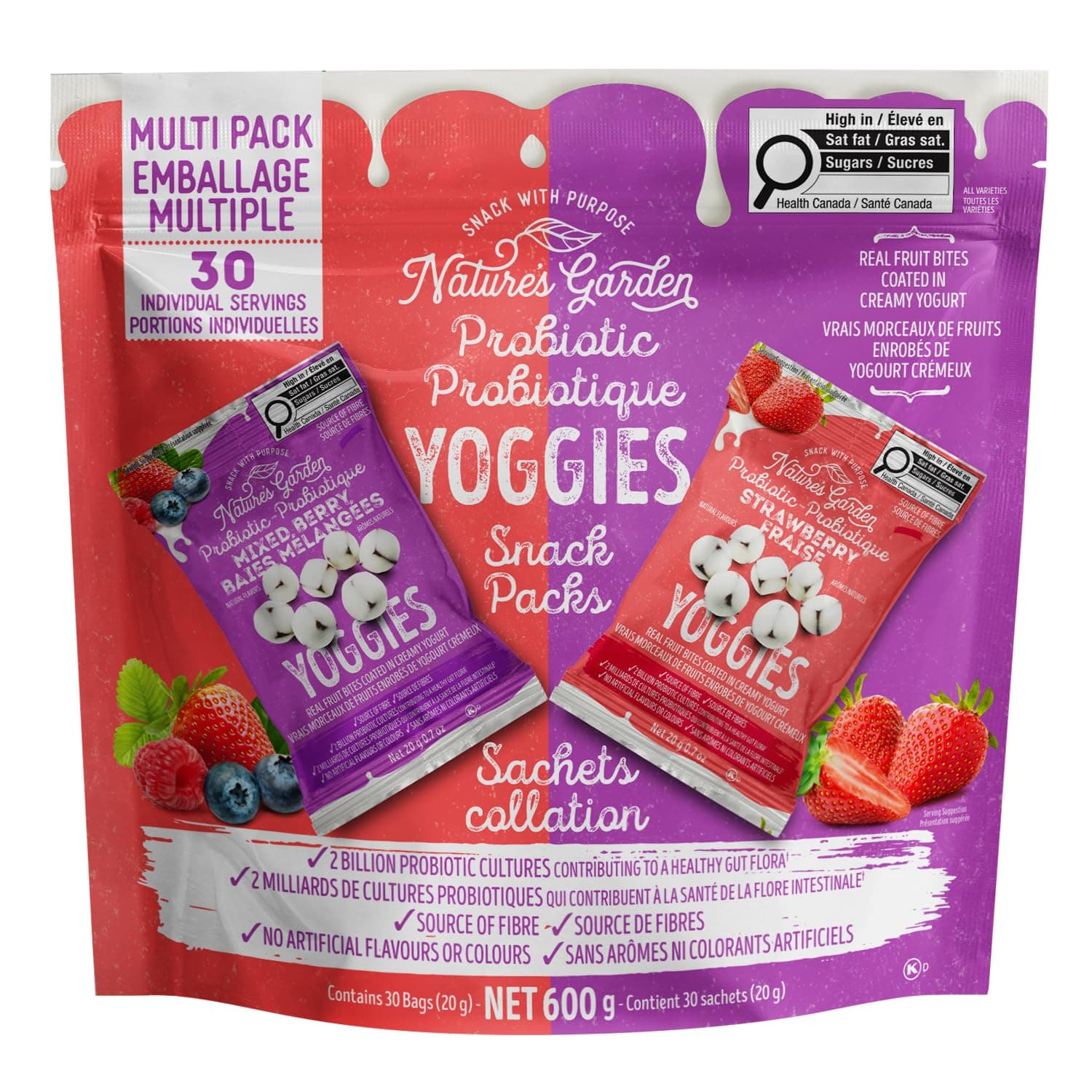 Nature'S Garden Probiotic Yoggies Multi Pack, 21Oz (Strawberry 15X2G +Mixed Berry 15X2G), Strawberry And Mixed Yogurt Covered Snack, High Fiber, Real Fruit Pieces, No Artificial