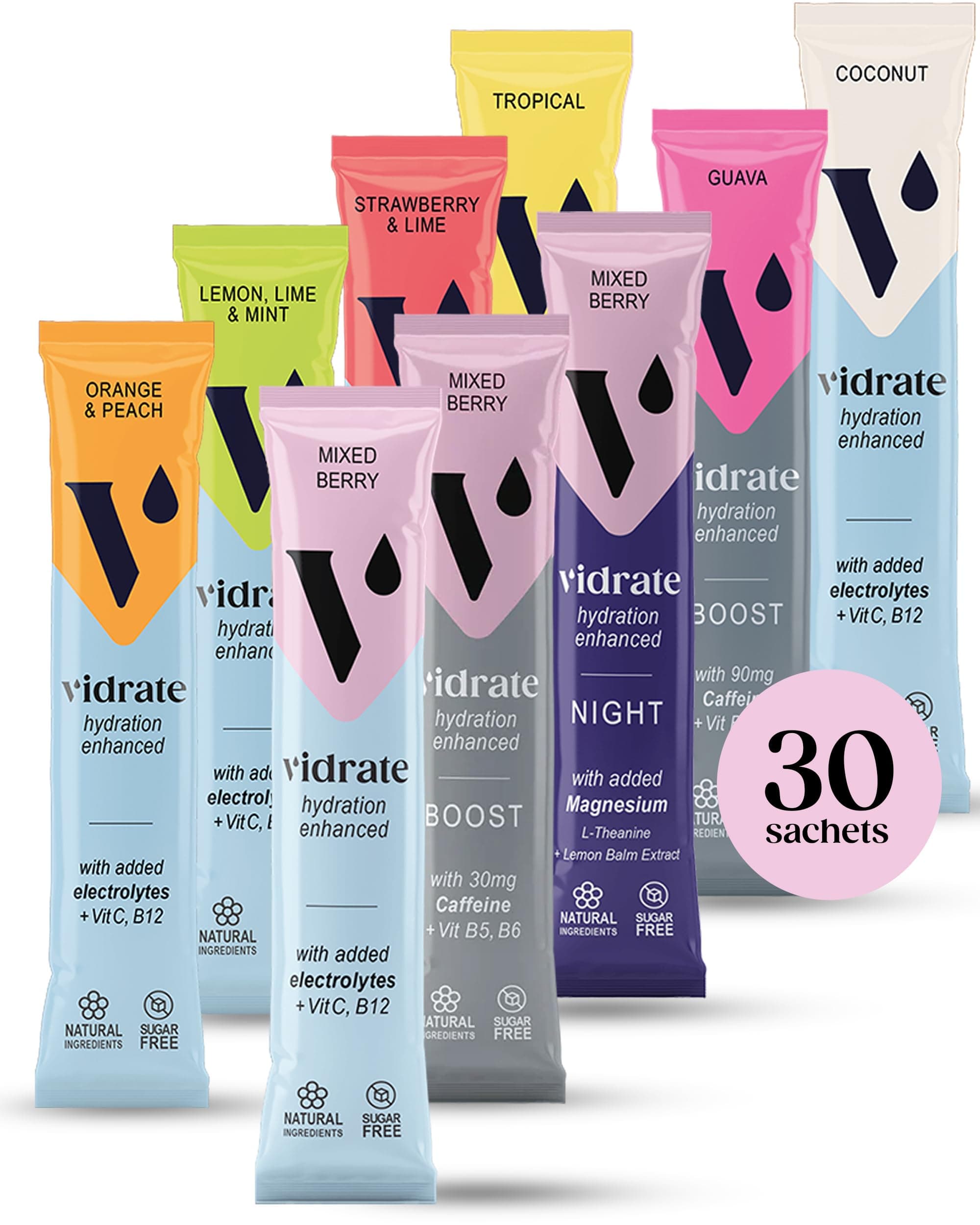 電解質パウダー - ビタミン入り水分補給袋 - 糖質ゼロリハイドレーションサシェ、ViDrateによる人工甘味料&防腐剤不使用 - バラエティパック、電解質サシェ30個