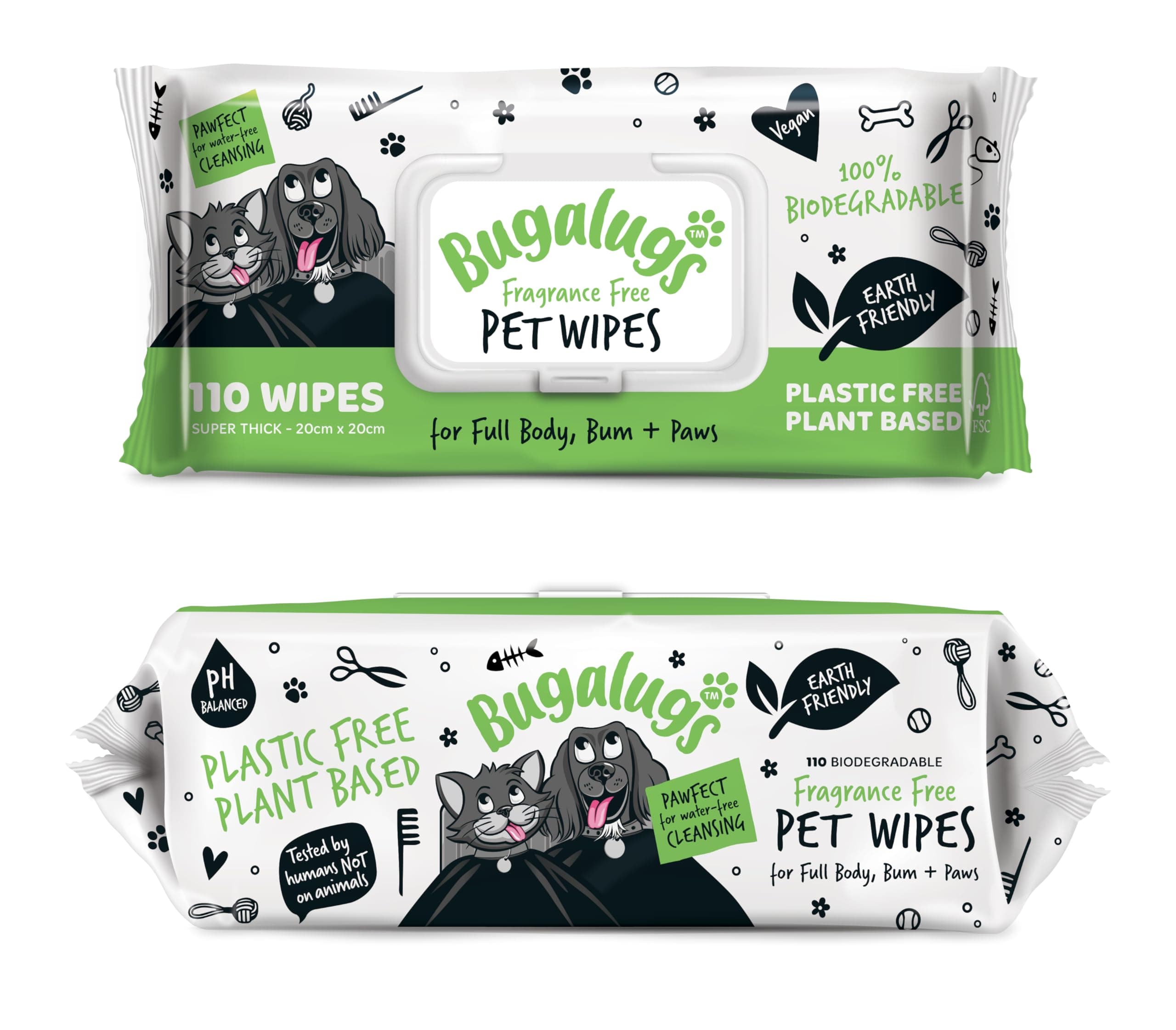 BUGALUGS Dog Wipes, 100% Plastic Free Biodegradable pet Wipes for Full Body, Eye Wipes, Ear Wipes, Bum & Paws. 110 Sensitive Dog Grooming Wipes for Dogs, Puppy & cat Grooming (Fragrance Free)