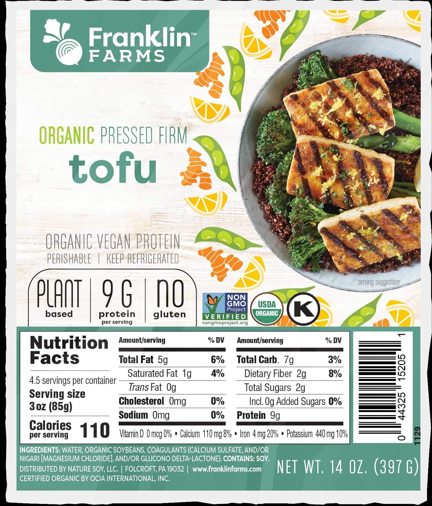 Franklin Farms Organic Firm Pressed Tofu - Vacuum Pack, 14 Ounce -- 6 per case.