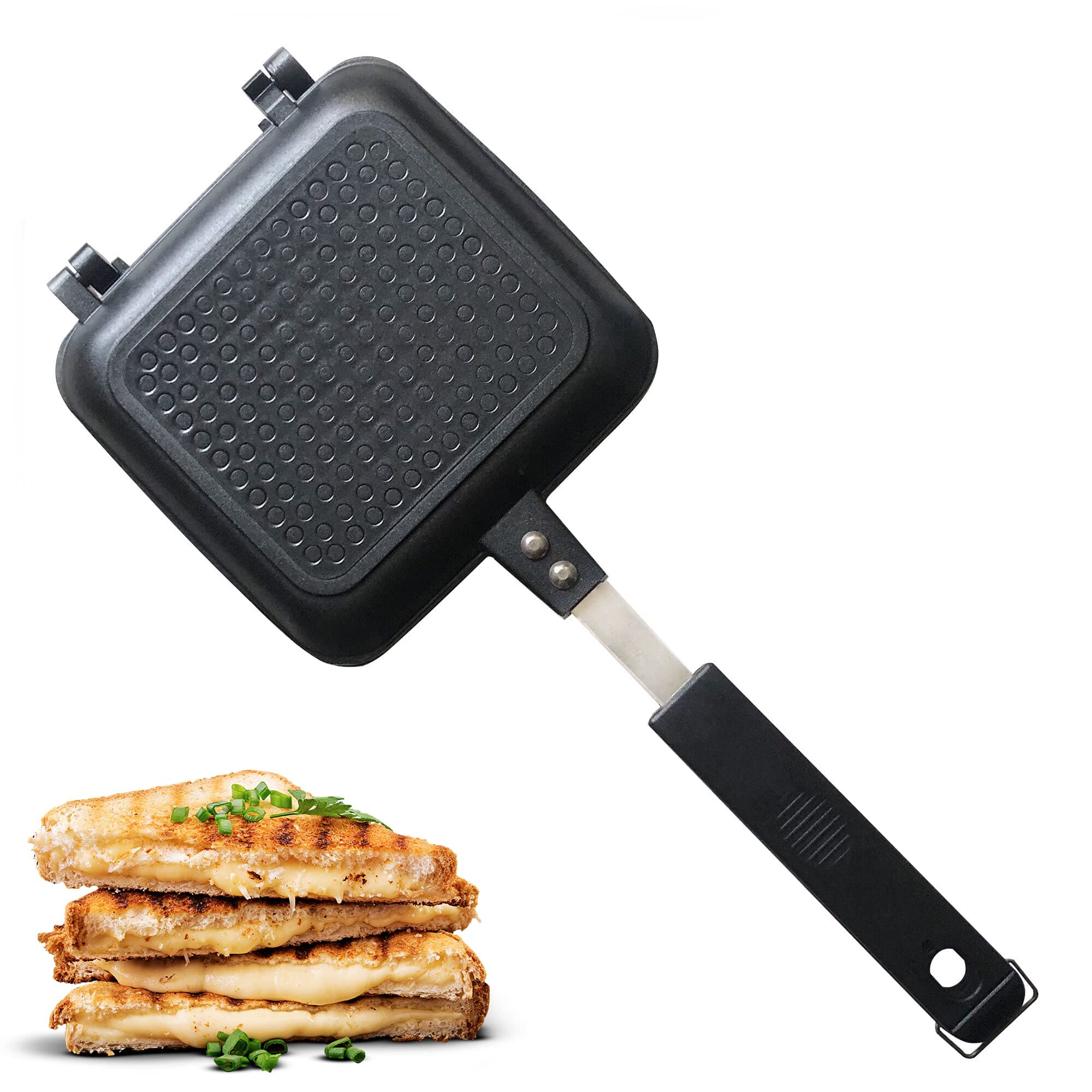 Jean-Patrique Stovetop Panini Grill Press Sandwich Maker, Black – Ceramic Nonstick Grilled Cheese Maker with Handles - Indoor & Outdoor Double-sided Sandwich Toaster