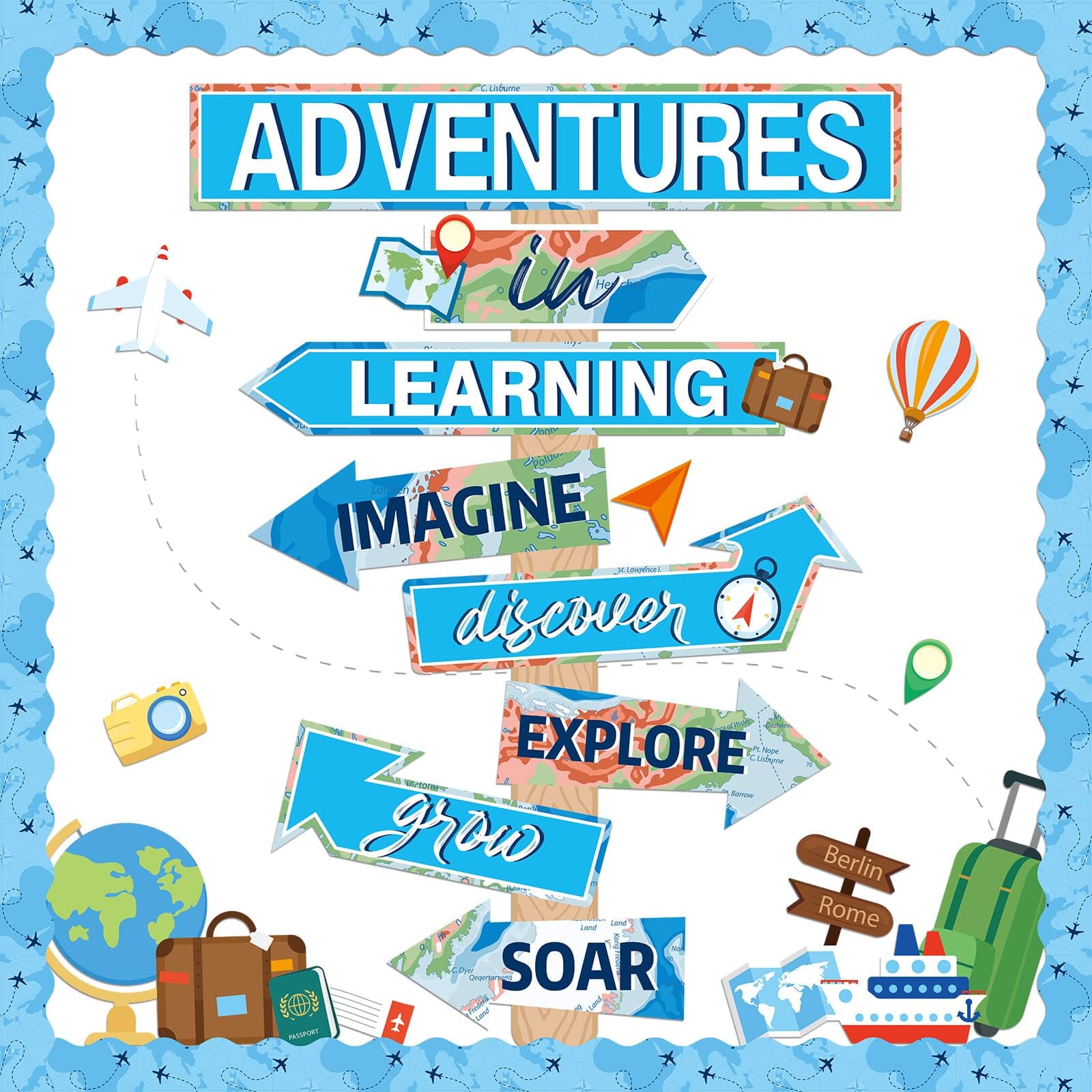 Travel The Map Bulletin Board Let The Adventure Begin Cutouts Classroom Decorations Travel Theme Motivational Sign for Kids Let's Explore Voyage Bulletin Cutouts Blue Classroom Decor