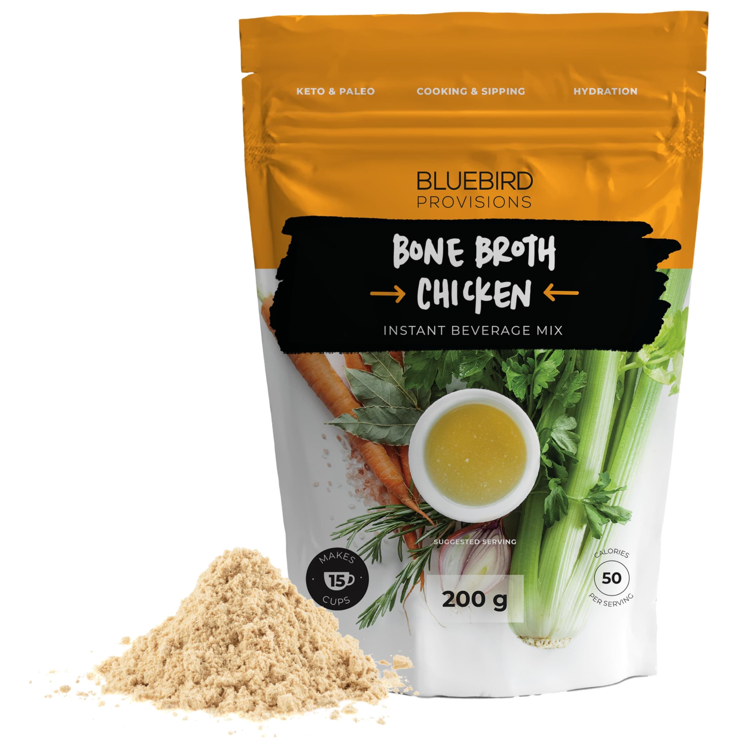 BLUEBIRD PROVISIONS Chicken Bone Broth Powder - Low Sodium Savory Protein Powder - Carnivore Protein Powder with 12 g Protein - Gut Healing and only 130 mg Sodium - Just 2 Ingredients - 7.1 oz