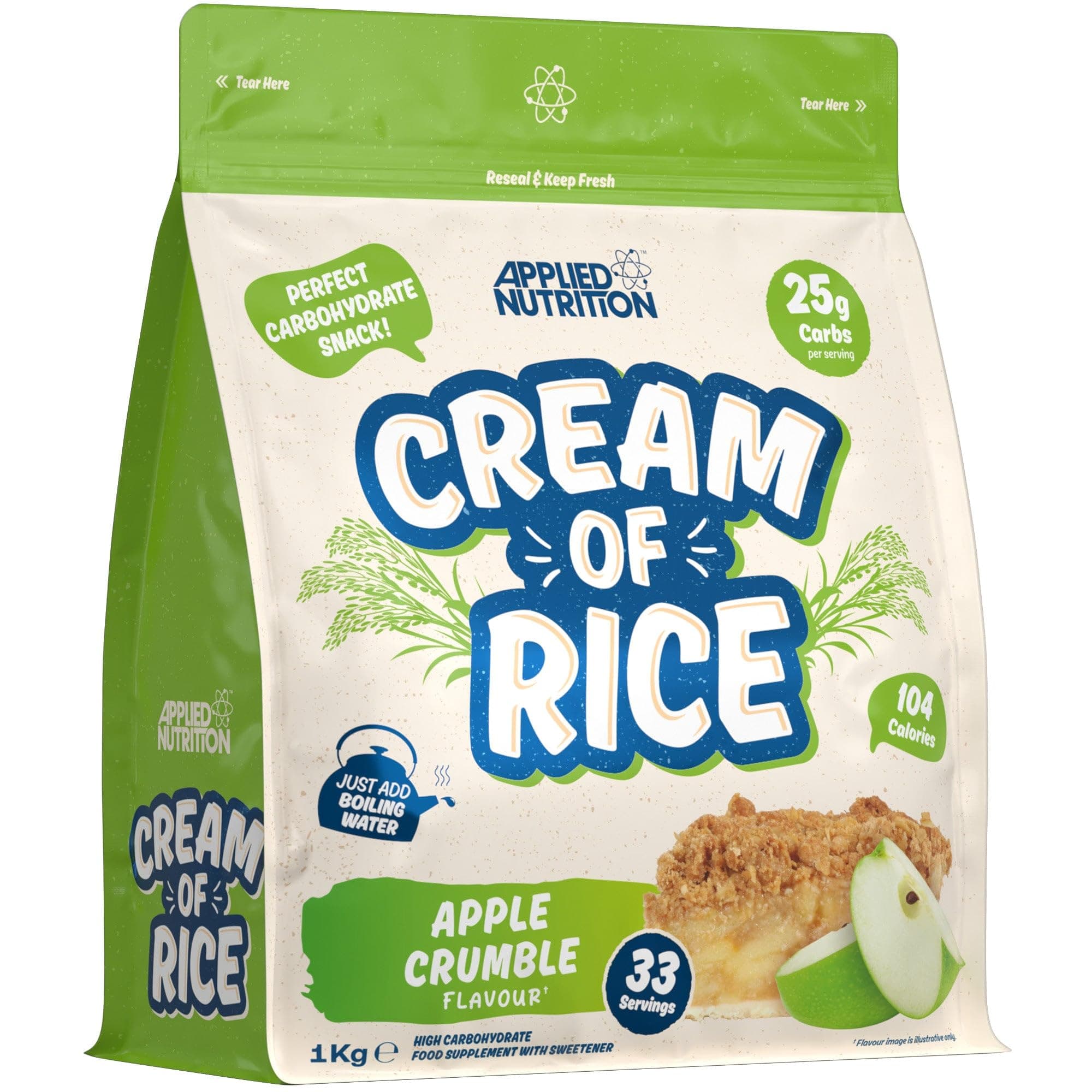 Cream of Rice - High Carbohydrate Cream of Rice Supplement, Source of Energy for Breakfast & Snacks, Easy to Digest, Low Sugar, Low Fat, Vegan, 1kg (Apple Crumble)