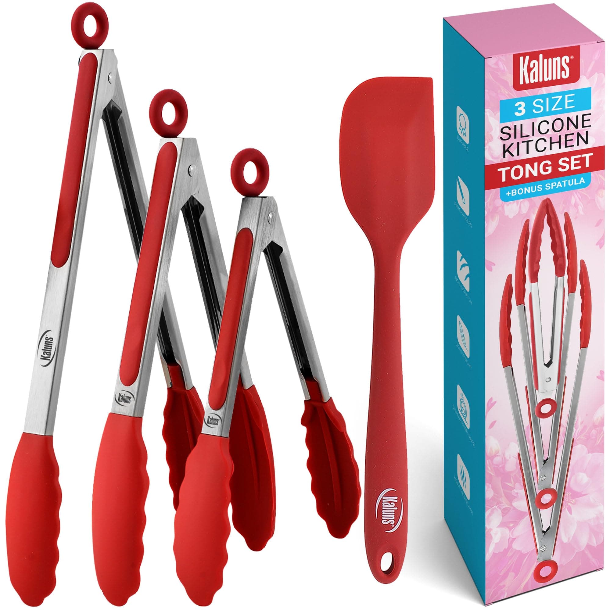Kaluns Kitchen Tongs for Cooking Grilling Set of 4, BBQ Grill Tongs With Silicone Tip Stainless Steel Heat Resistant, Non-stick Pull Lock, Incl 7, 9, 12 Inch Tong Plus a Silicone Spatula