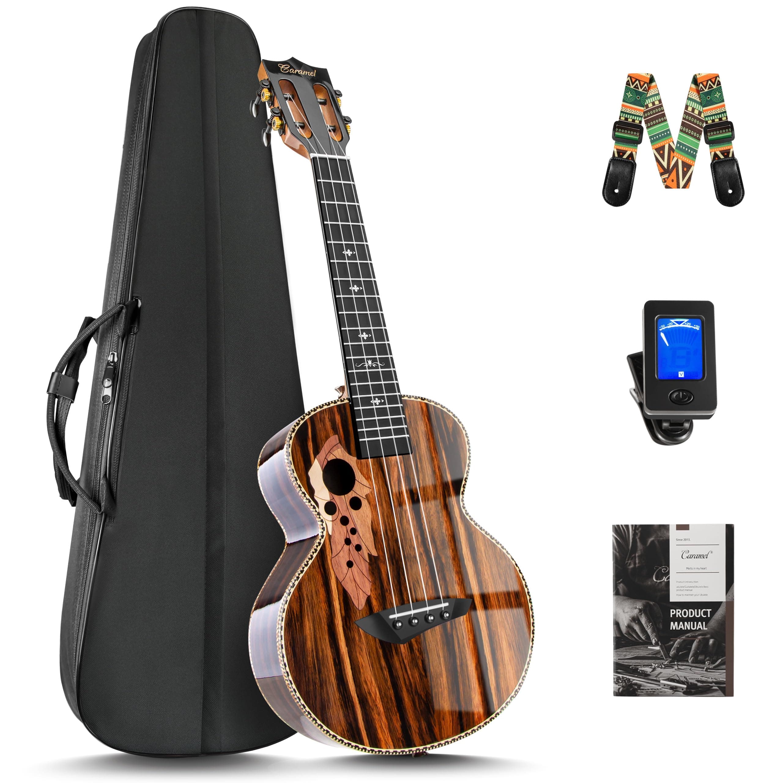 Caramel CAG94 Glossy Black Ebony 23" Concert Ukulele for Beginner | Handmade Ukelele Starter Kit