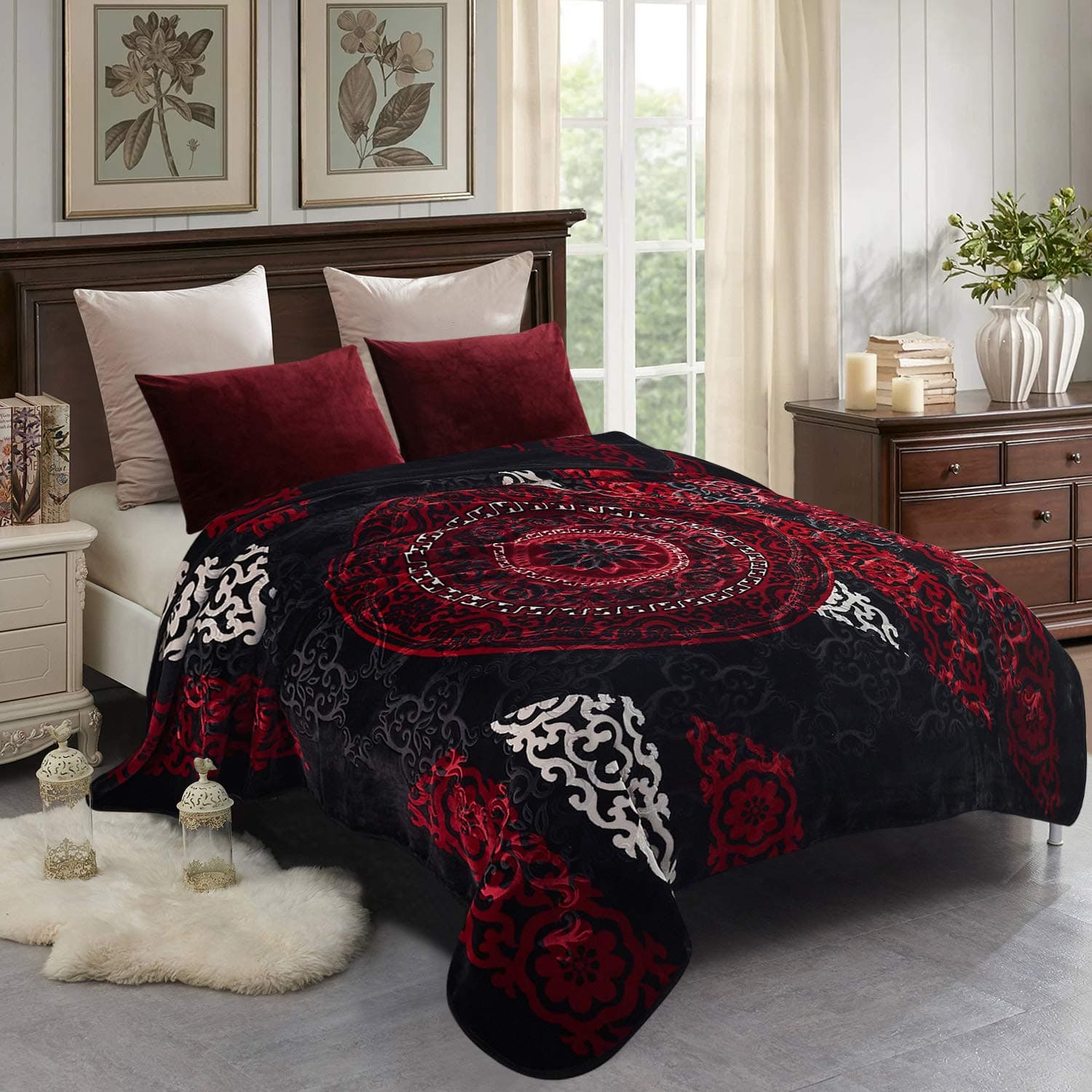 JML Raschel Fleece Blanket King Size, 85x95 Inches, 9 Lbs, Soft Korean Style Fleece Blanket Heavy for Winter, Single Ply, Fuzzy Cozy Thick Warm Floral Embossing Bedding Decor for Fall, Black-Red