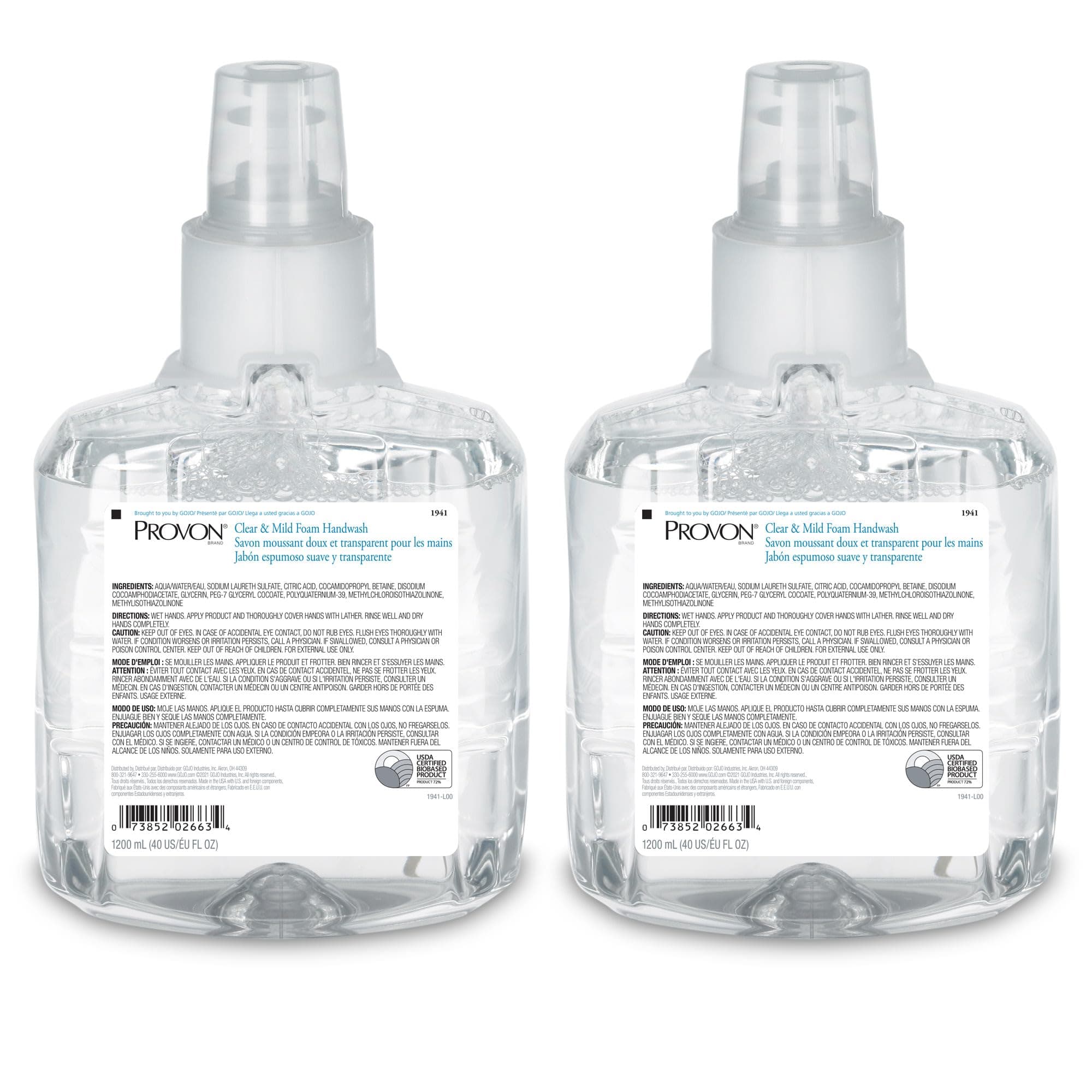 LTX-12 Clear and Mild Foam Handwash, EcoLogo Certified, 1200 mL Foam Soap Refill for LTX-12 Touch-Free Dispenser (Pack of 2) - 1941-02