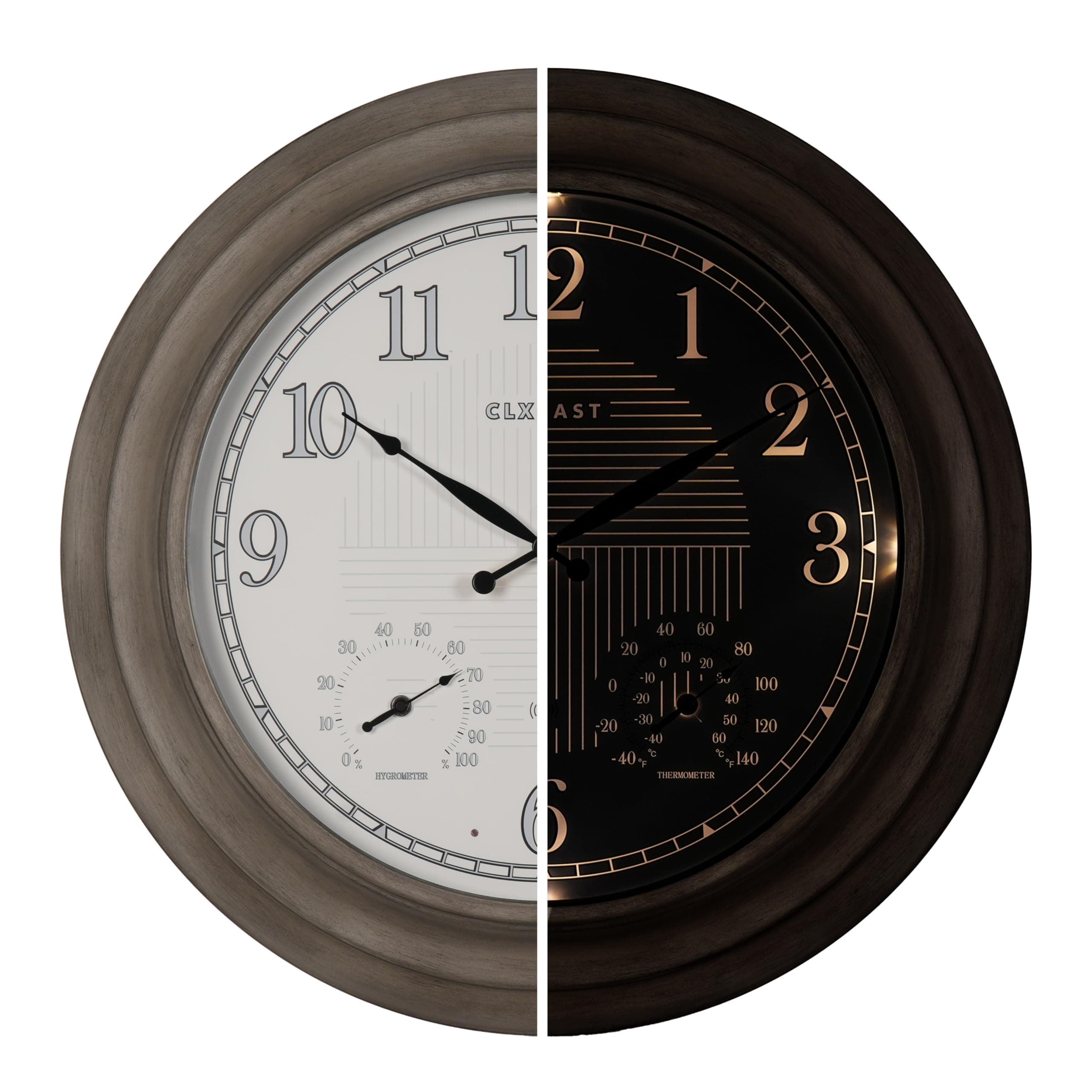 CLXEAST 24 Inch Self-Illuminated in/Outdoor Atomic Wall Clock with Temperature and Humidity, Oversized Large 24 Inch Wall Clocks for Living Room Decor, Brushed Grey Oak Wooden Finish