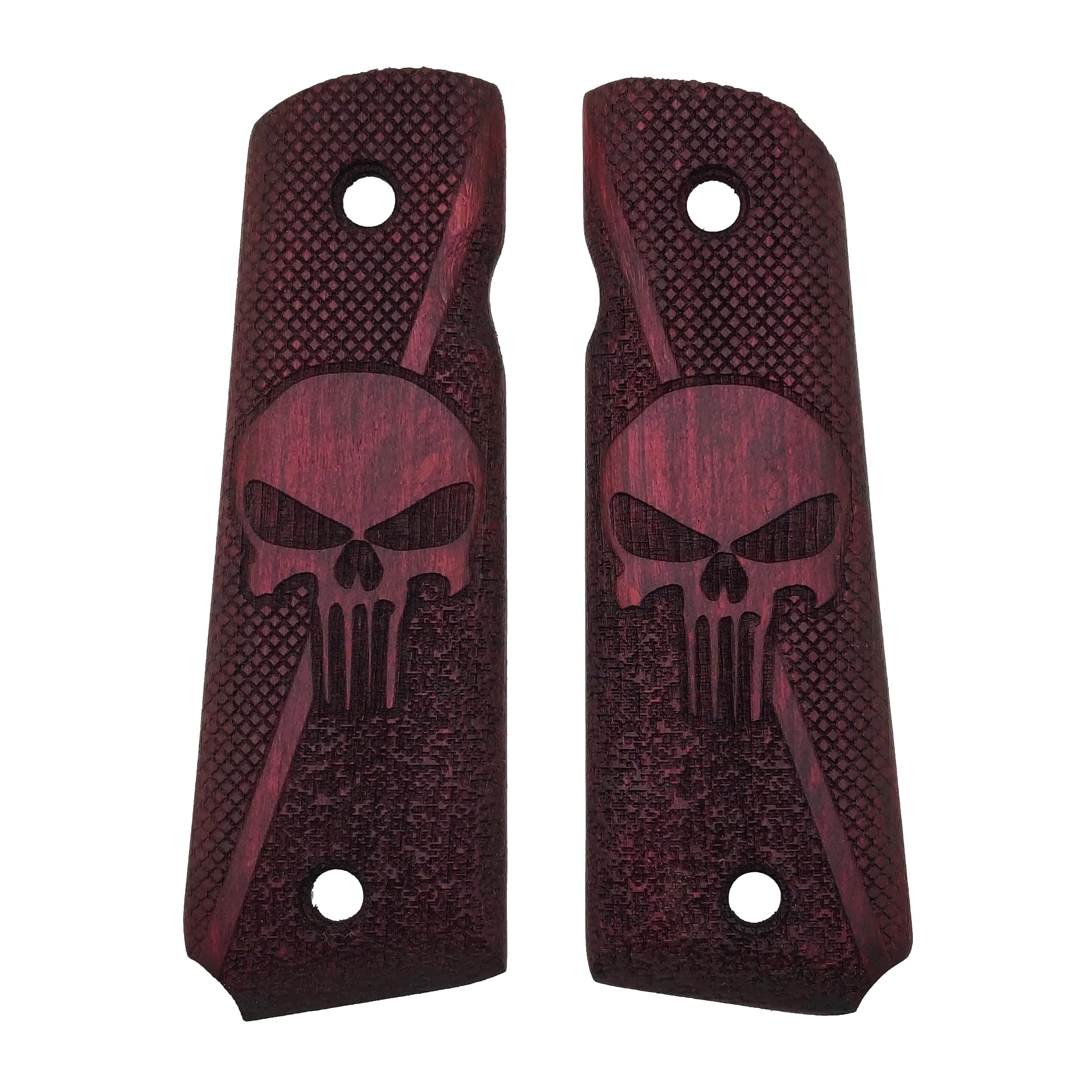 1911 Grips Full-Size Real Wood Grips, Punisher - Skull Engraving - Grip for Government/Commander, 1911 Accessories Ambi‑Safety Cut