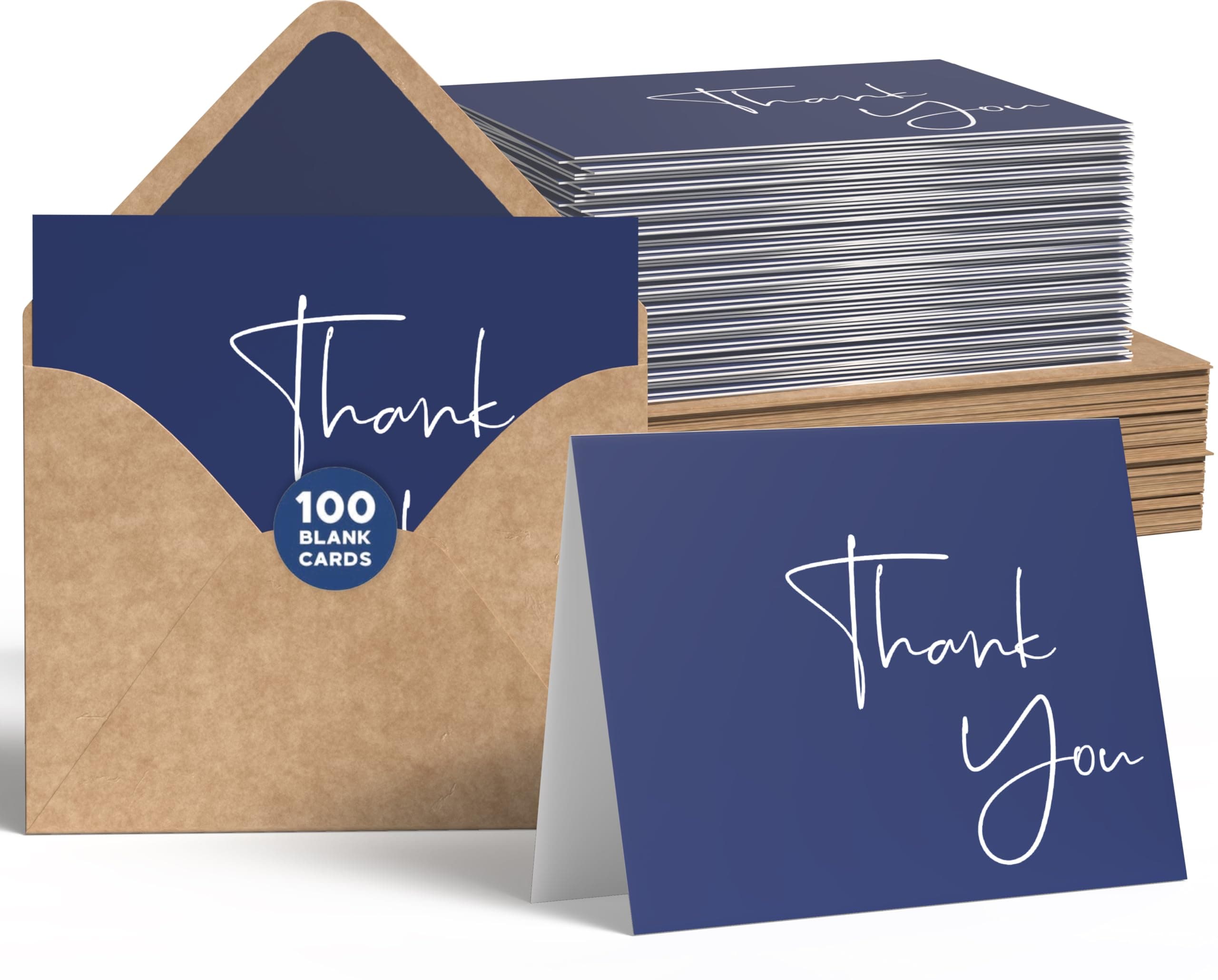 VNS Creations Thank You Cards With Envelopes Bulk Set & Stickers - 100 Pack 4x6 Blank Thank You Notes Bulk Box Set - Large Note Card Small Business, Wedding, Baby Shower & Bridal Shower - Navy Blue