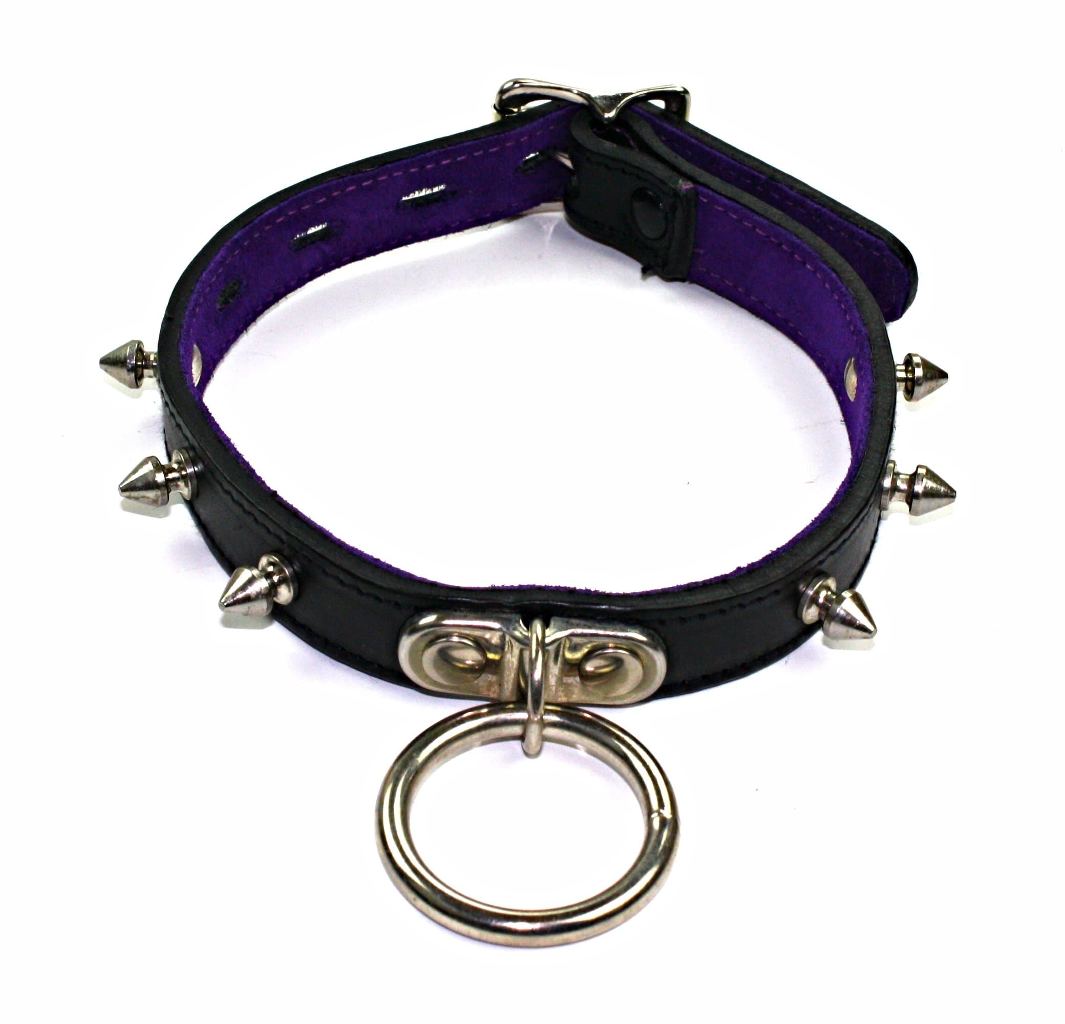 Slap Leather Medium Neck Collar with Spikes and Ring in Black Leather with Purple Suede Lining