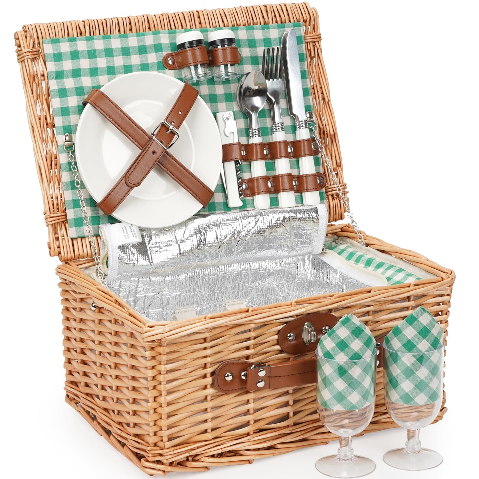 ZORMY Wicker Picnic Basket for 2 Person, Willow Hamper Basket Sets with Insulated Compartment, Handmade 2 Person Picnic Basket for Camping - GreenCheck