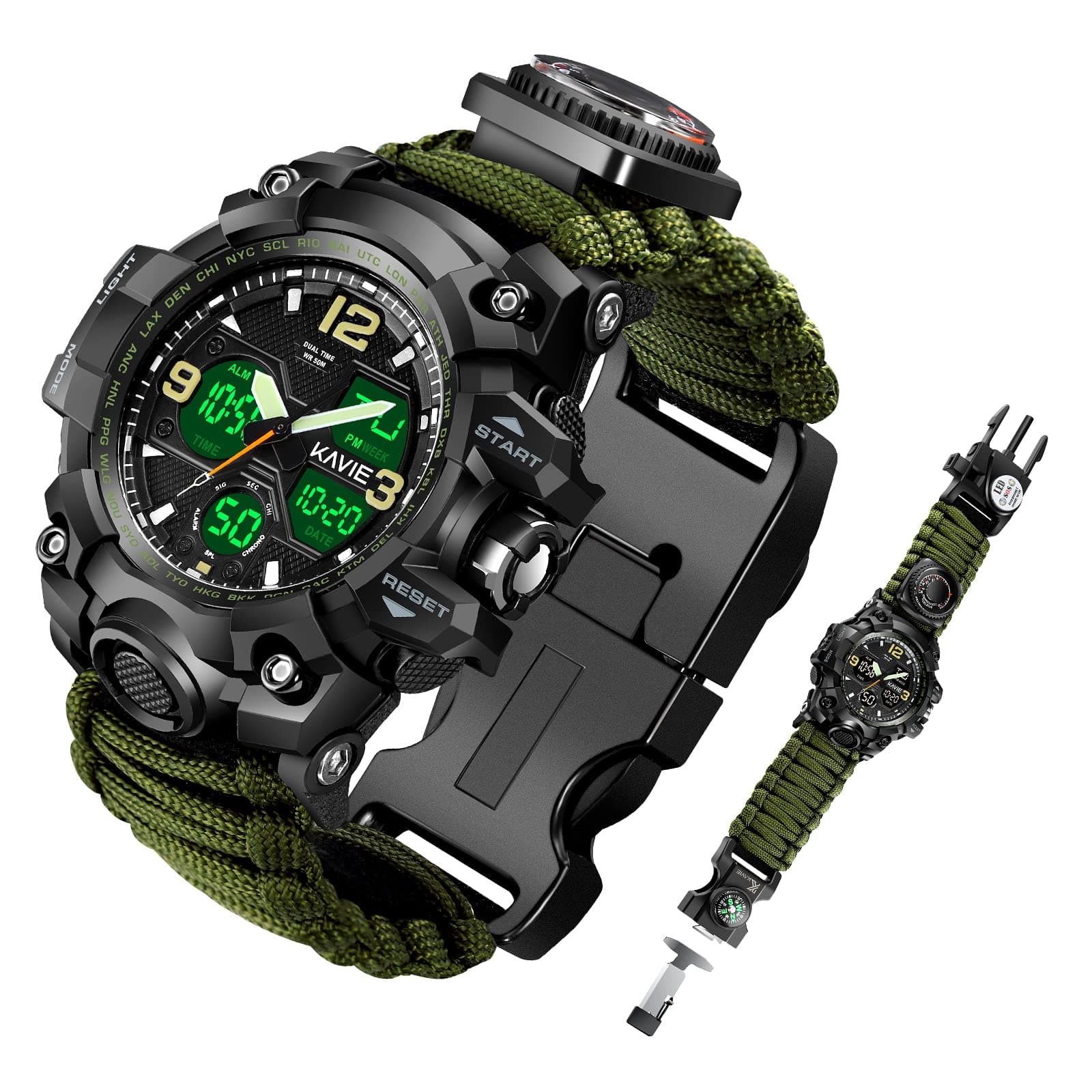 Mens Tactical Military Digital Watch, 23-in-1 Survival Multi-Functional Army Outdoors Waterproof Camouflage Sports Watches Dual Display Analog LED Electronic Wristwatches with Compass Paracord Band