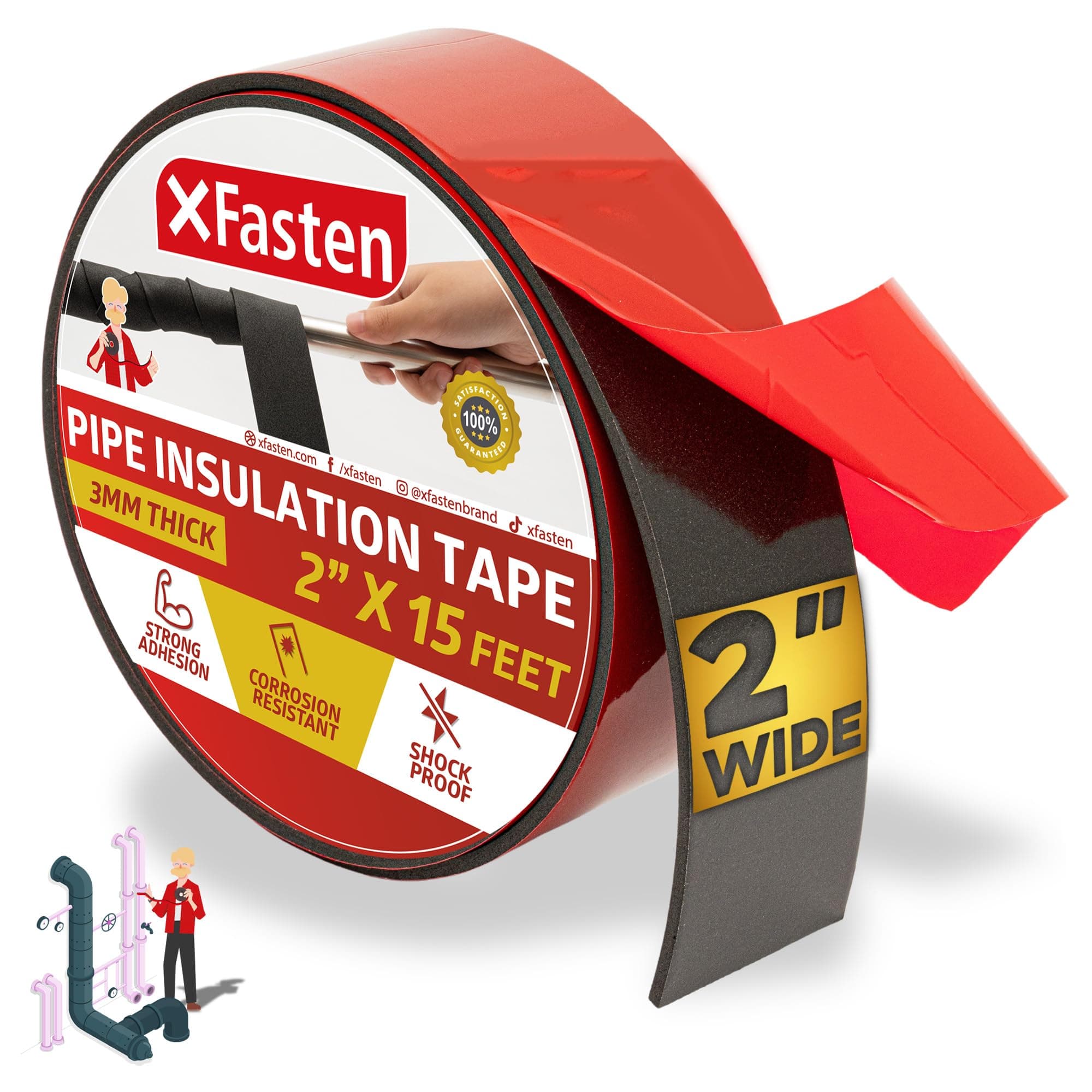 XFasten Foam Pipe Insulation Tape, 2" x 5 Yards Heavy Duty AC Line Insulation, Outdoor Pipe Wrapping Tape, AC Pipe Insulation, Outdoor Pipe Insulation, Winding Tape, HVAC Line Insulation,