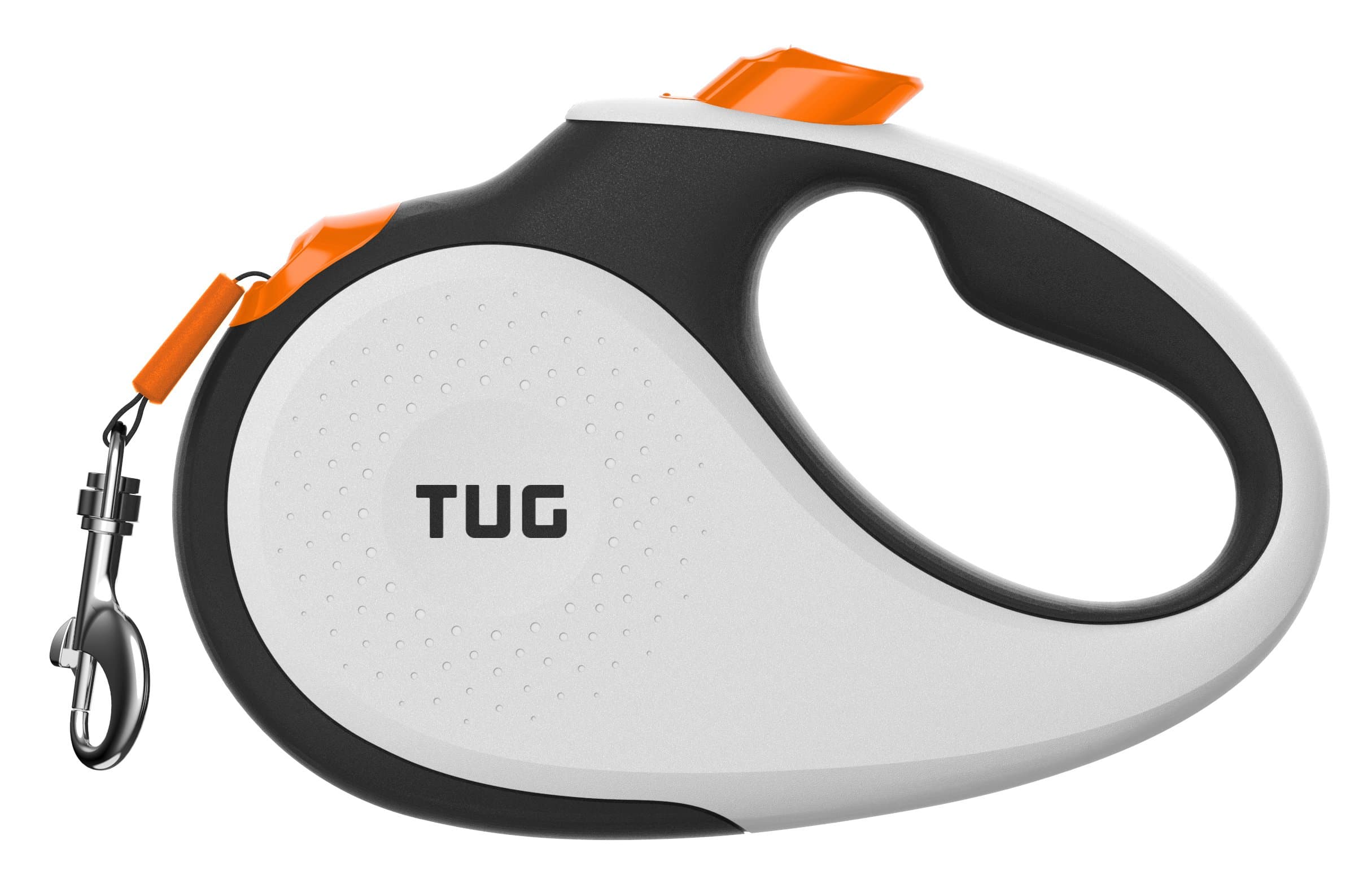 TUG 360° Tangle-Free Retractable Dog Lead for Up to 25 kg Dogs | 5 m Strong Nylon Tape | One-Handed Brake, Pause, Lock (Medium, White/Orange)