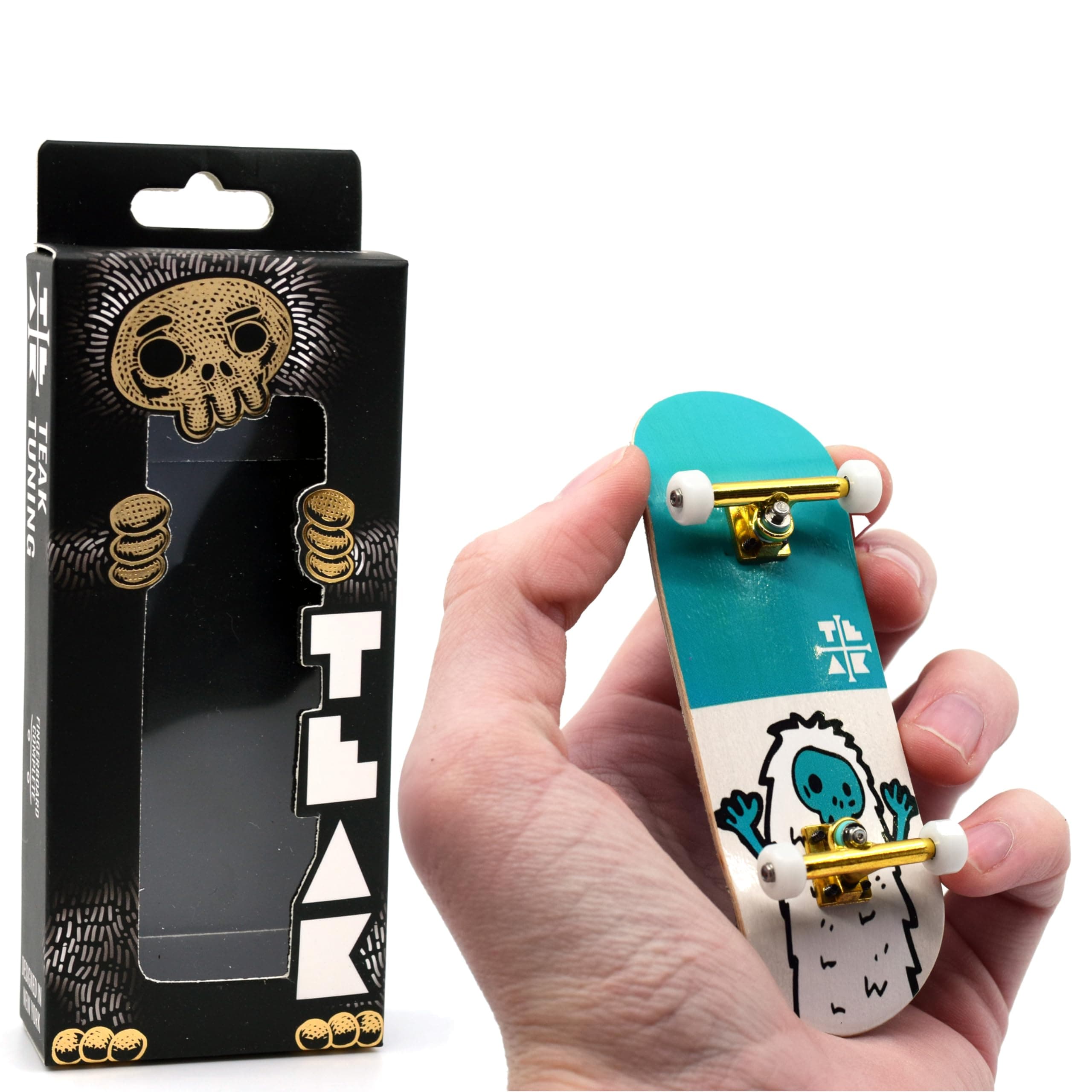 Teak Tuning 32mm Pro Fingerboard Heat Transfer Graphic Complete - Fully Assembled with Pro Level Parts - Pro Shaped Wood Deck (34x97mm), UltraSpin Wheels, Prodigy Trucks - Teal Yeti