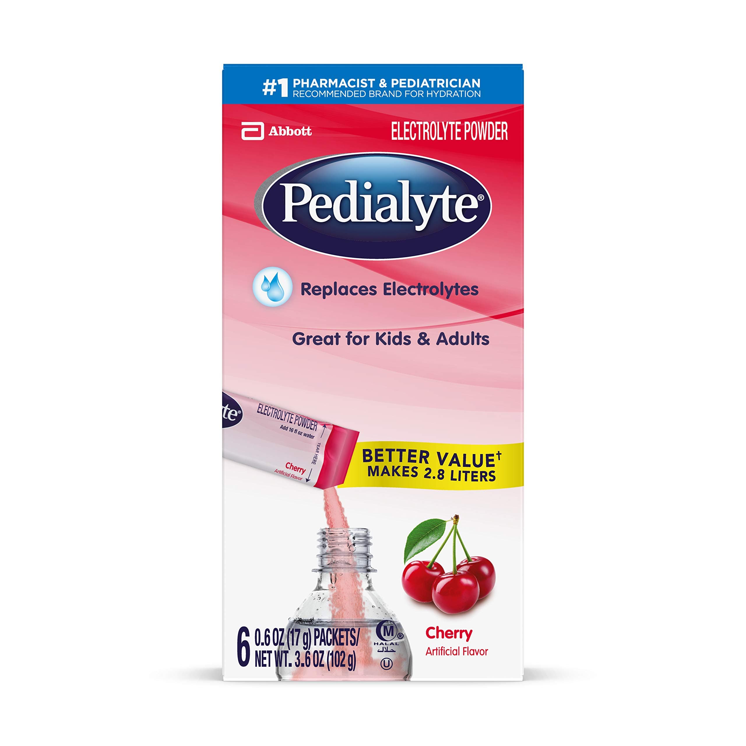 PedialyteElectrolyte Powder, Cherry, Powder Sticks, 0.6 Ounce, 100 Count