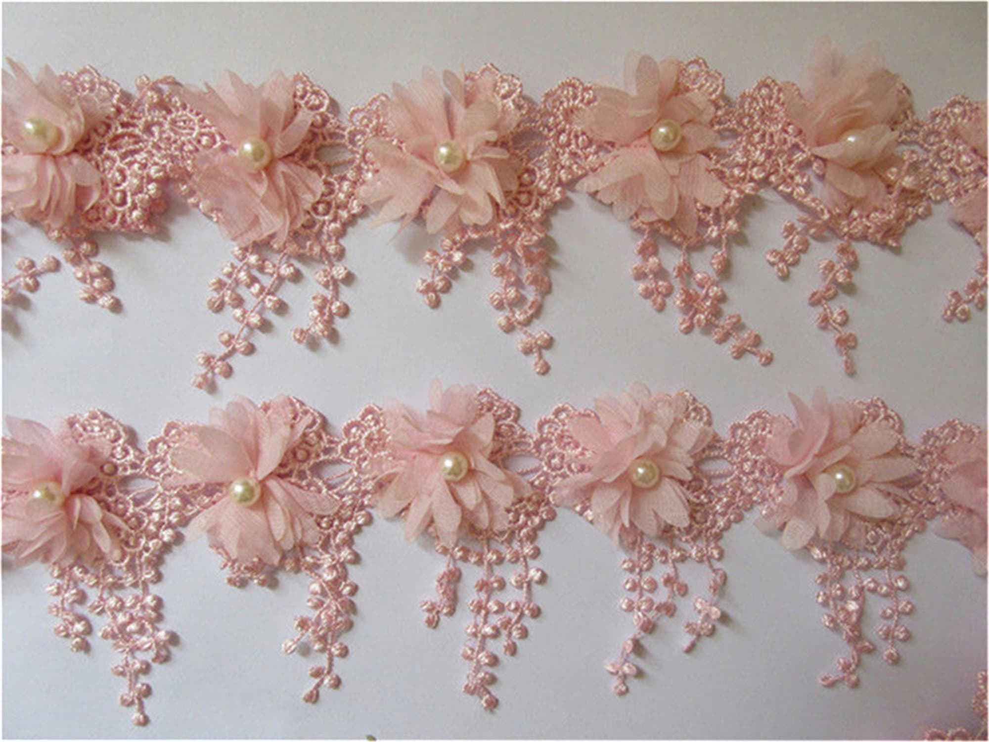 1 Yard 3D Flower Tassel Fringe Pearl Lace Edge Trim Ribbon 9 cm Width Vintage Style Pink Edging Trimmings Fabric Embroidered Applique Sewing Craft Wedding Dress Embellishment DIY Clothes Embroidery