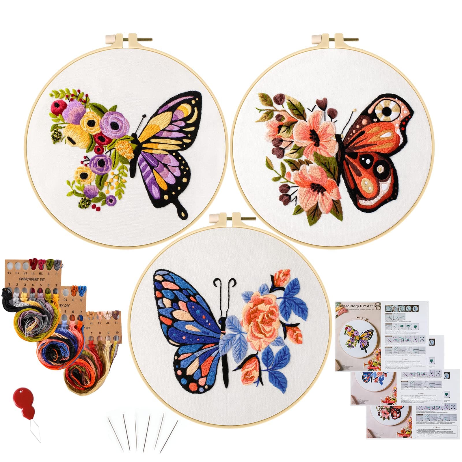 Anidaroel 3 Sets Butterfly Embroidery Kit for Beginners Adults, Stamped Cross Stitch Kits for Beginners Include Embroidery Fabric Embroidery Hoop Threads and Needles