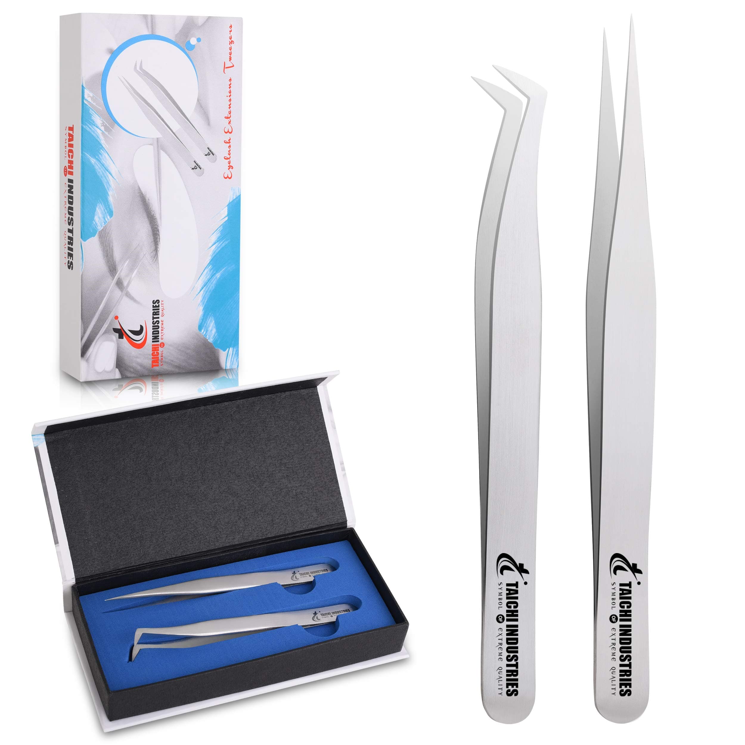 Set of 2 Tweezers For Eyelash Extensions-Stainless Steel Straight and Curved Pointed Eyelash Extensions Tweezers-Professional Tweezers Set for Isolation False Individual and Volume Lashes