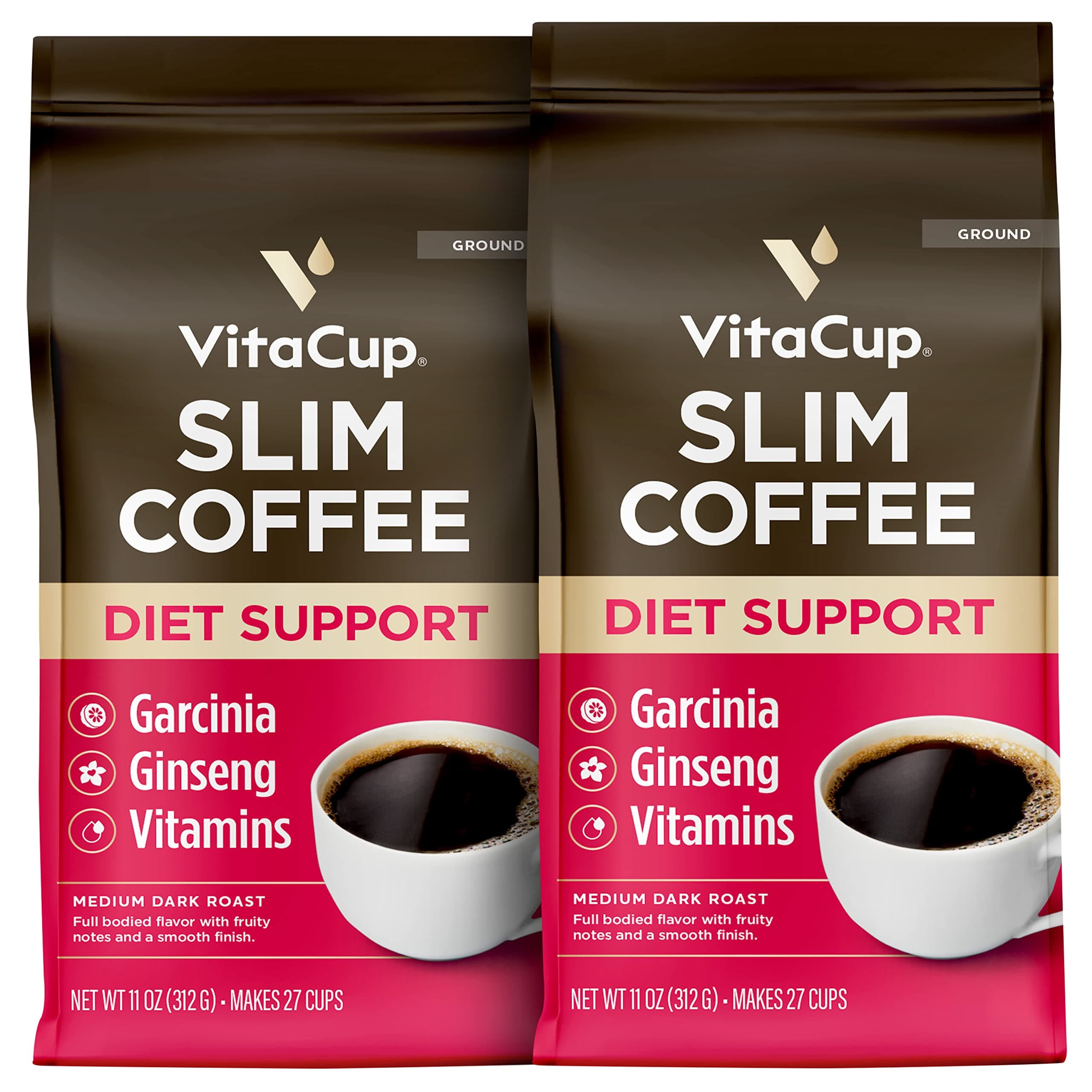 VitaCup Slim Ground Coffee, Diet Support with Ginseng, Garcinia, B Vitamins, Medium Dark Roast, Bold and Smooth,100% Arabica Specialty Coffee Grounds, 2 bags, 11oz each