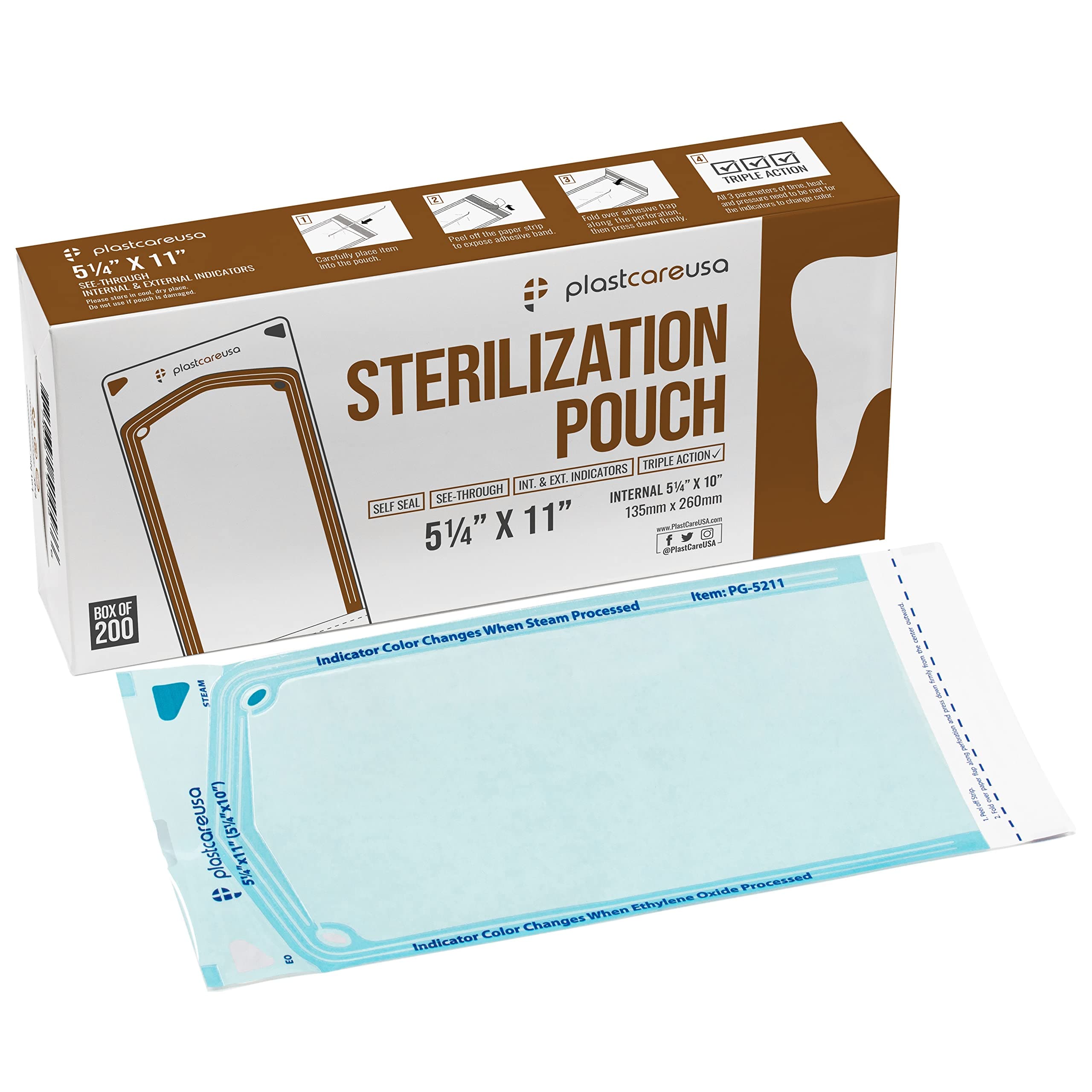 PlastCare USA Self-Sterilization Pouches for Cleaning Tools, Measuring 5.25ââ‚¬ by 10ââ‚¬ - Autoclave Sterilizer Bags for Dental Offices, Pouch for Dentist Tools - 200 Pouches (1 Box of Paper/Bl