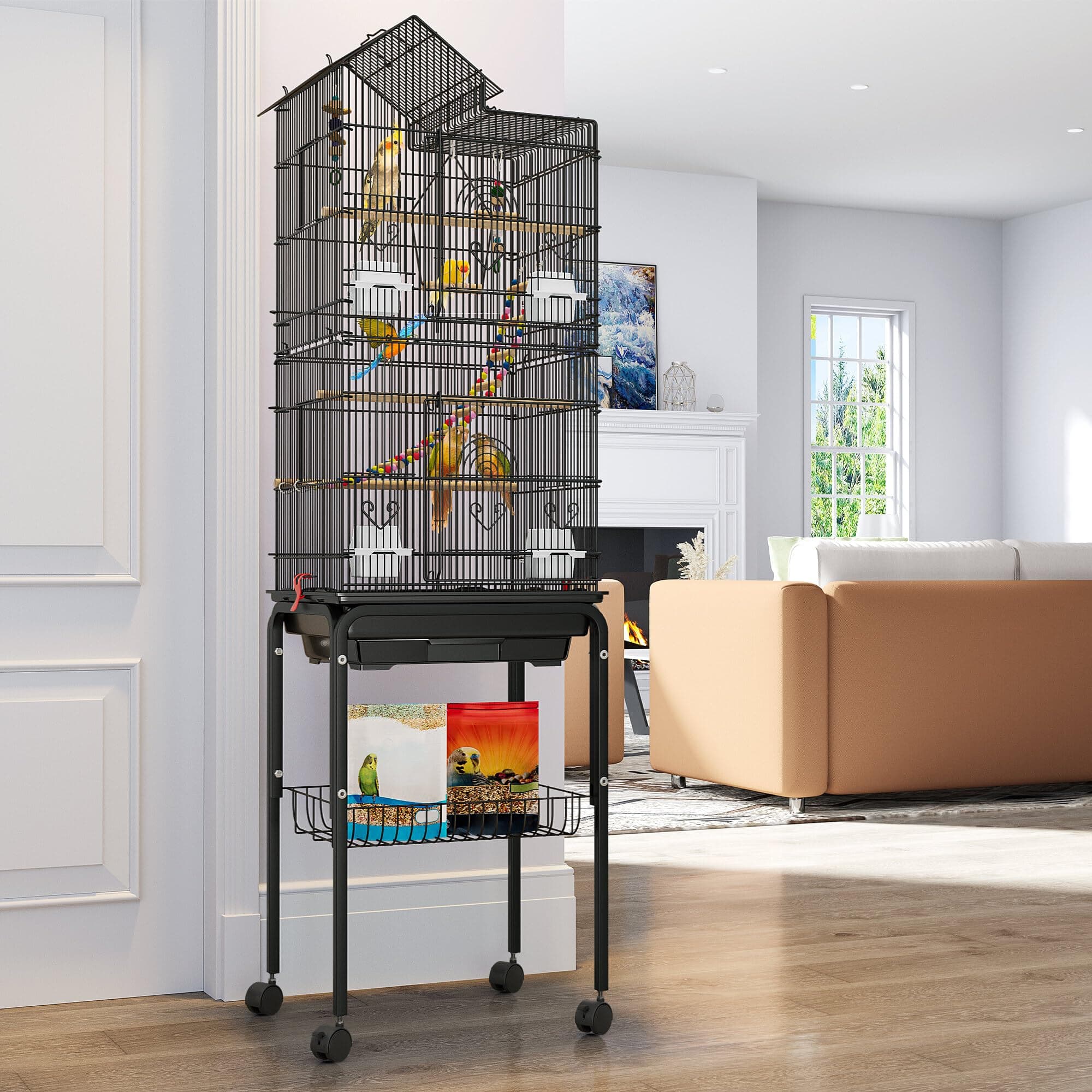 YITAHOME 62 inch Metal Bird Cage, Large Parakeet Cages for Parrot, Cockatiel, Lovebird, Pigeon with Roof Top, Rolling Stand and Hanging Accessories