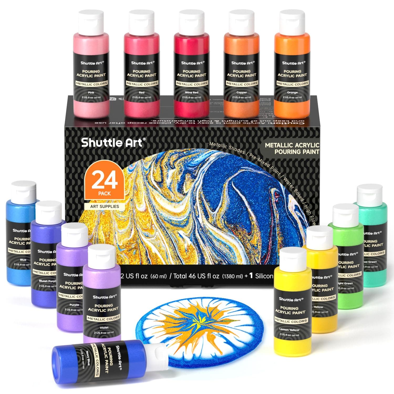 Shuttle Art 24 Pack Metallic Acrylic Pouring Paints Kit, 60ml/2oz, 23 Metallic Colours Pouring Acrylic Paints Set with 1 Silicon Oil, Rich Pigment, Ready-to-pour Paint for Canvas, Rock, Ceramic, Wood