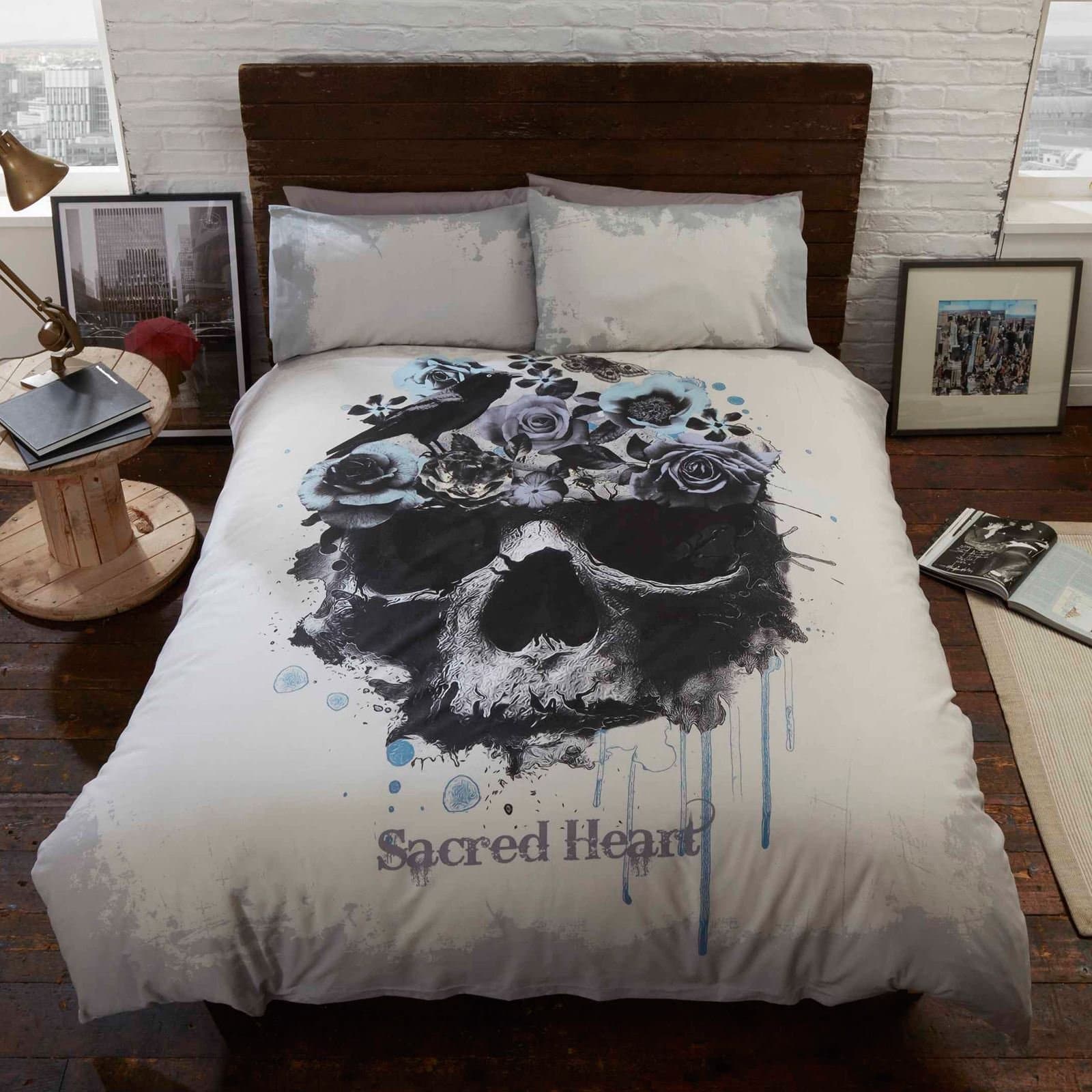 Sacred Heart Single Bed Duvet Cover and Pillowcase Set Gothic Skull, Polyester, Multi