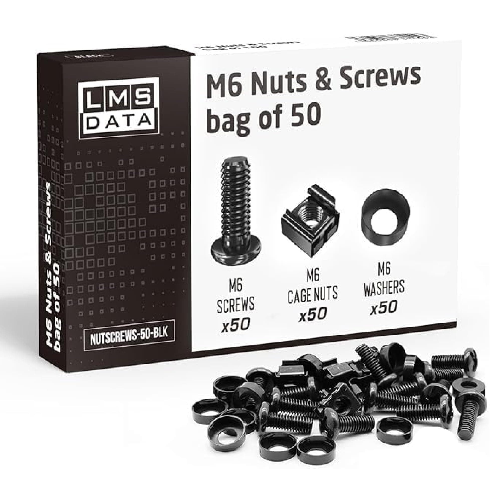 – LMS Data M6 Cage Nuts Screws and Washers PACK 50 sets -Assortment Nuts Washers and Bolts Kit for Rack Mount Data Cabinets, Server Shelves Fixing and Installation (Black 50)