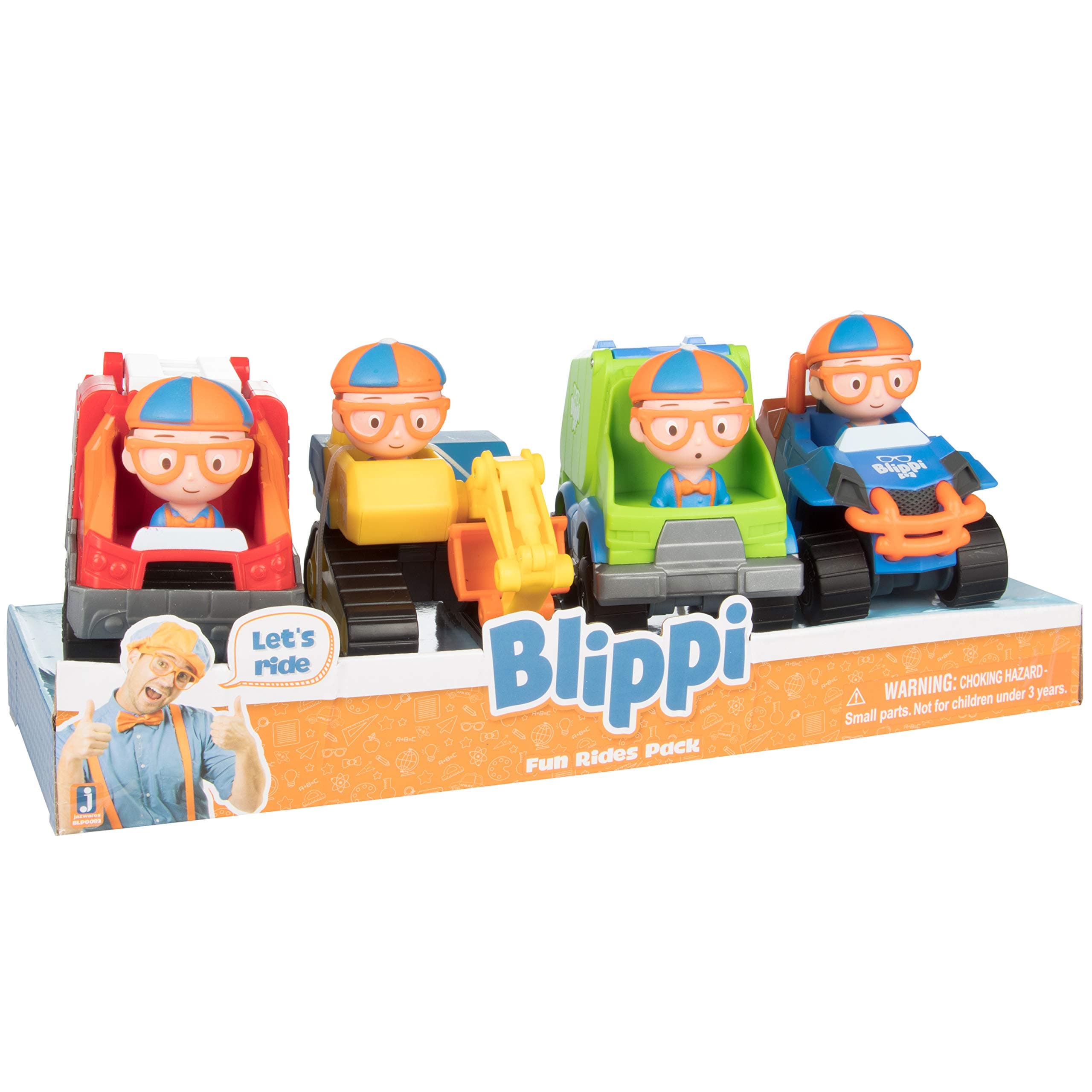 Blippi 3" Vehicles 4-Pack Toy Playset - Construction Excavator, Mobile, Fire Engine, Garbage Truck - Officially Licensed - Easter Basket Stuffer Gift for Preschoolers, Kids, Boys & Girls - 3+