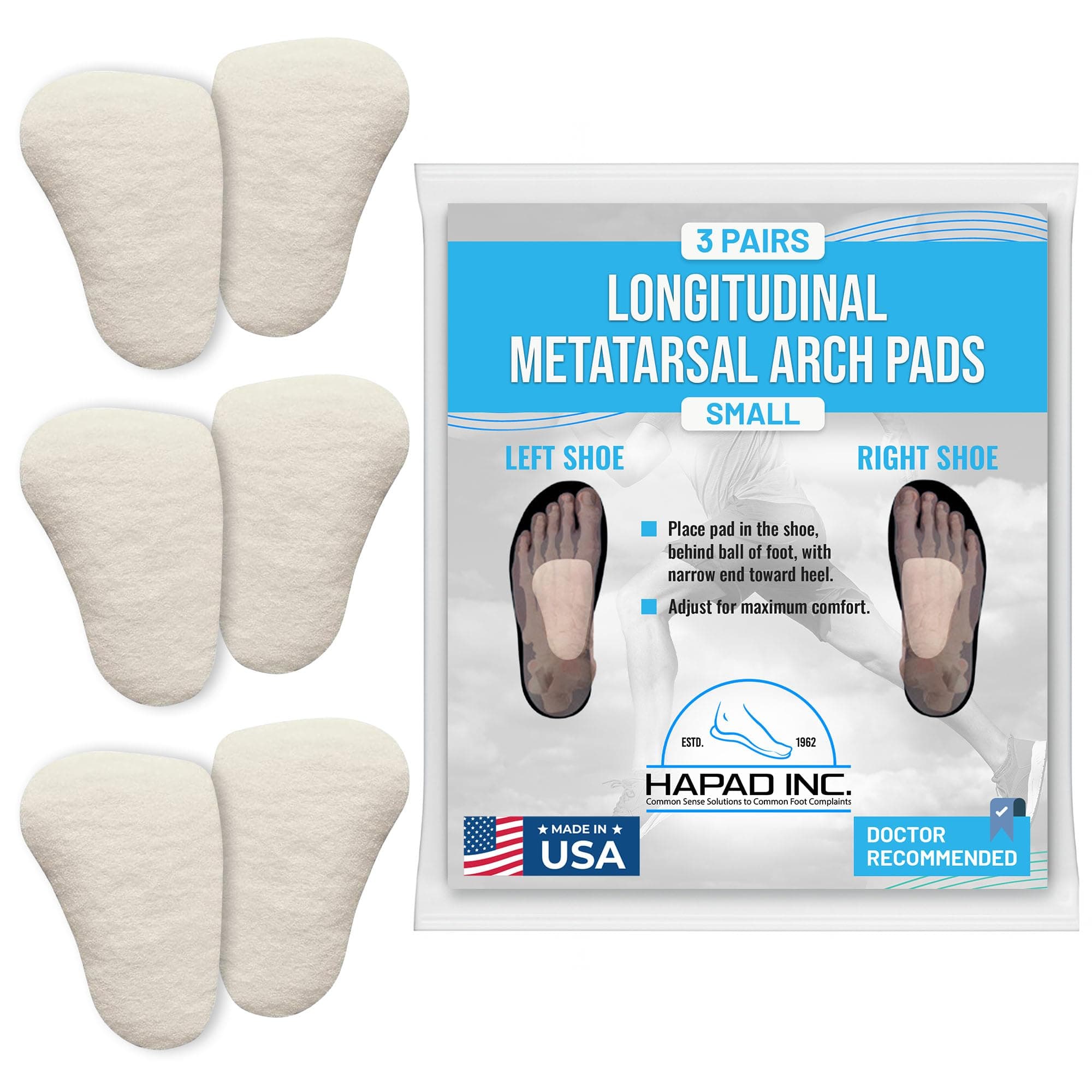 Hapad Metatarsal Pads Small, 3/8 Thick (Pack of 3 Pairs) - Longitudinal Metatarsal Arch Pads Made from 100% Wool Felt for Support, Comfort and Foot Pain Relief