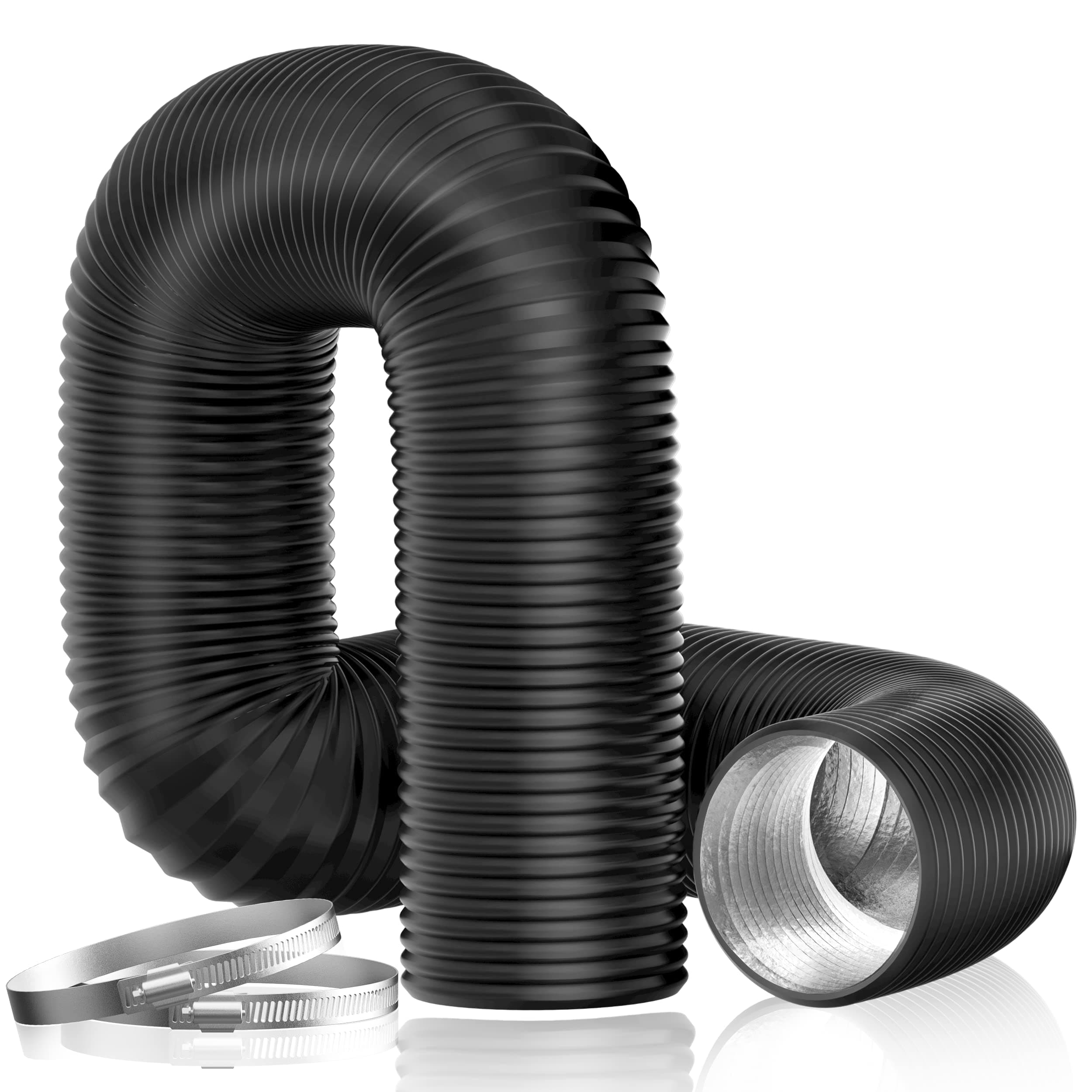 Dryer Vent Hose, 4'' Flexible Duct 16FT with 2 Duct Clamps, Heavy-Duty Three Layer Protection, Black PVC, for HVAC Ventilation, Duct Fan Systems