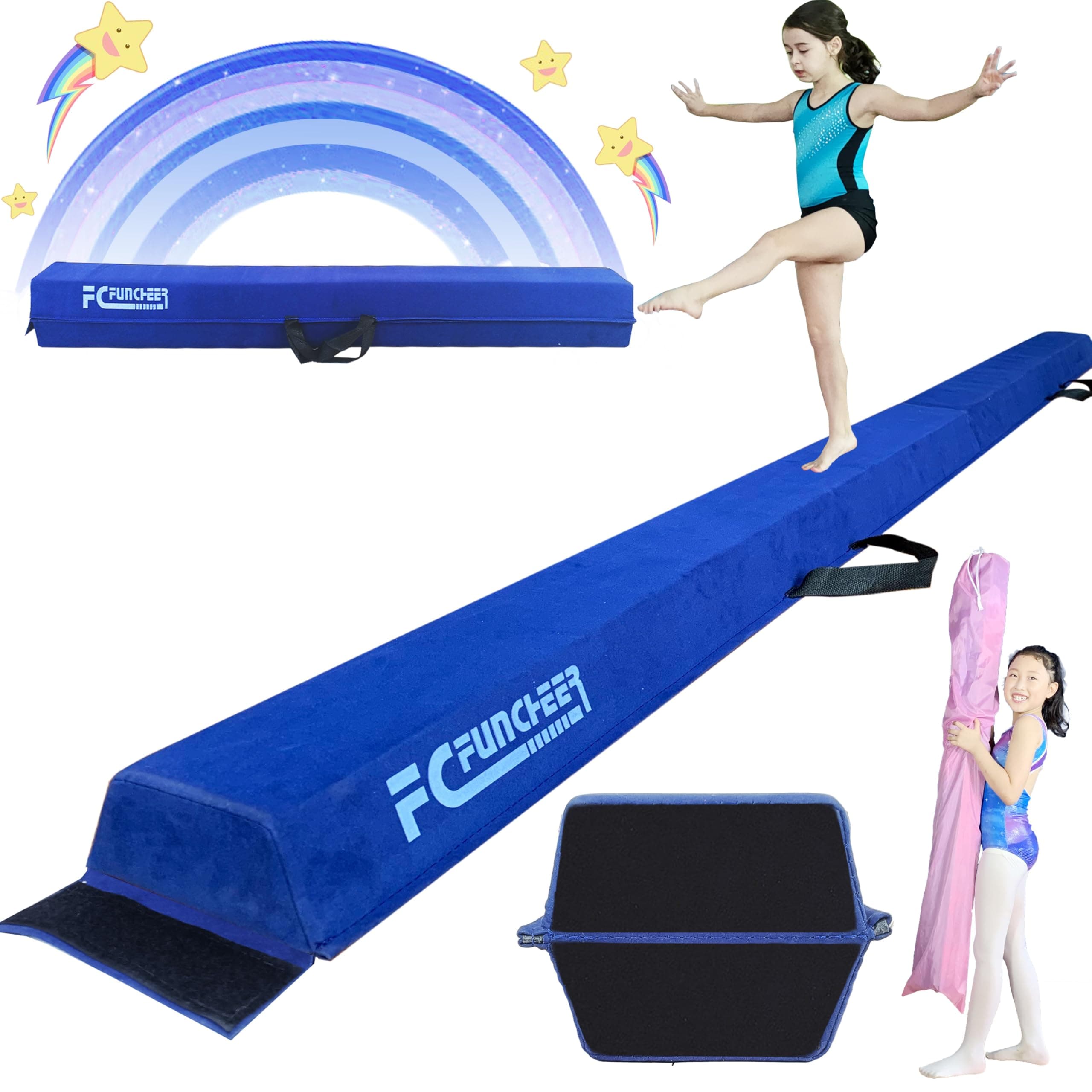 FC FUNCHEER 6FT/9FT Folding balance beam gymnastics beam foam floor beam for Kids - Non Slip bottom - Extra Sturdy EVA foam beam with carrting handle and bag for kids Training at home/gym/club