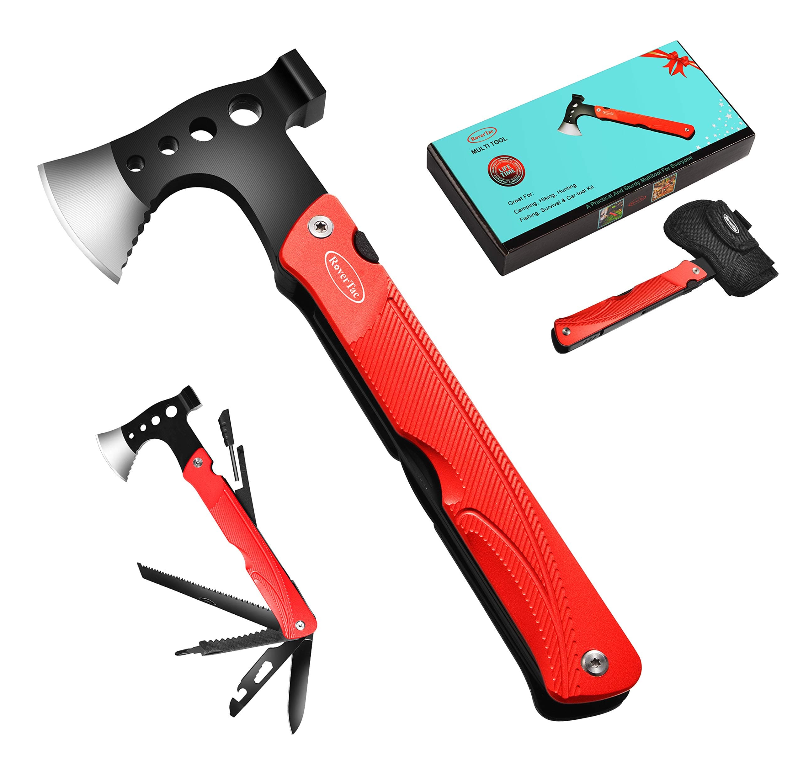 RoverTac Camping Hatchet Multitool Axe Survival Gear Gifts for Men Dad Him 14-in-1 Axe Hammer Knife Saw Bottle Opener Fire Starter Whistle Perfect for Camping Survival Hiking Fishing