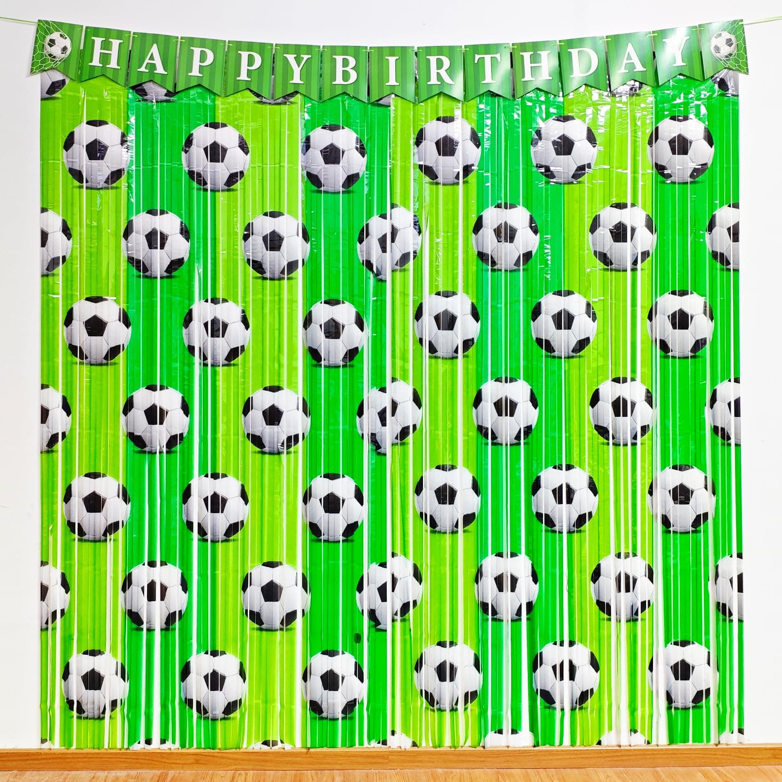 Caisehabu Soccer Birthday Party Fringe Curtains Decorations Supplies, 2 Pack 3.3 x 6.6ft Tinsel Foil Fringe Photo Backdrop,1 Pack Happy Birthday Banner